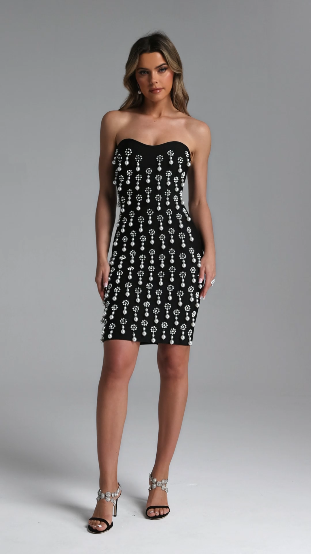 Luda Glamorous Contour Strapless Rhineston Pearl Bandage Mini Dress