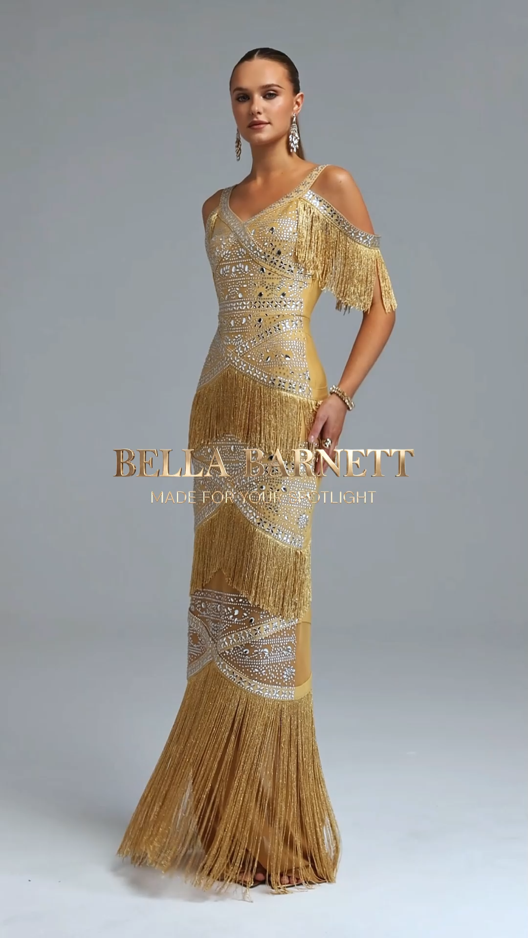 Tanya Exquisite Luxe Spaghetti Strap Rhinestone Fringe Bandage Maxi Dress