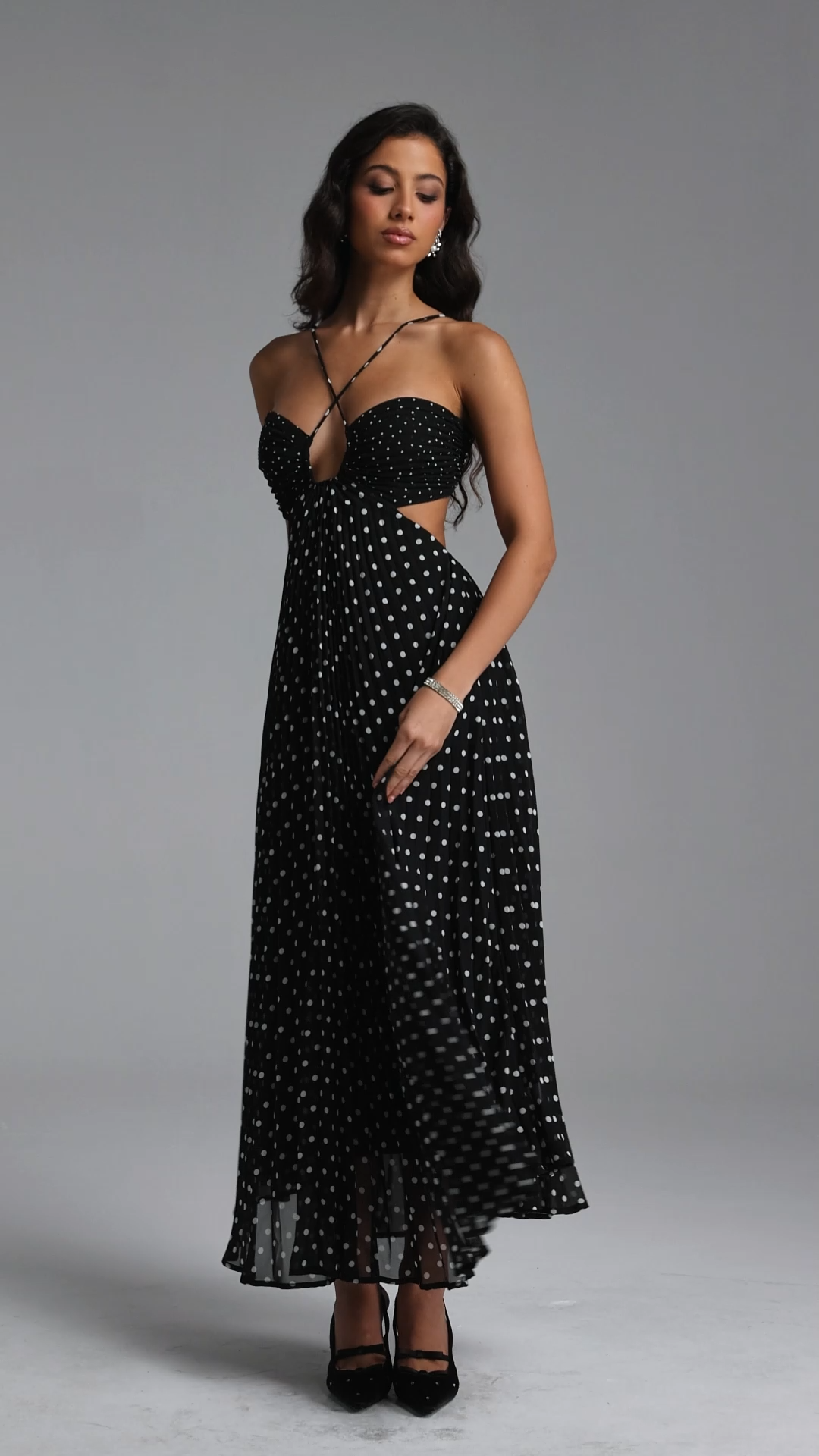 Loka Resort Flowy Sleeveless Cut Out Pleated Polka Dot Woven Maxi Dress