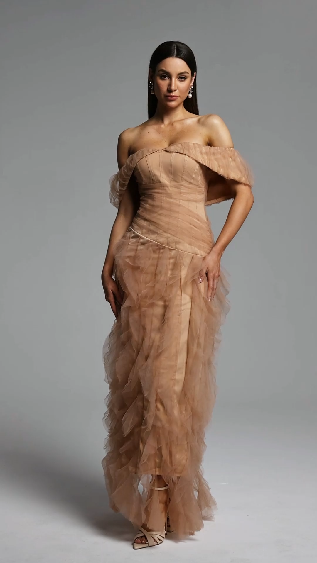 Revie Elegant Flowy Off Shoulder Ruffle Tulle Maxi Dress