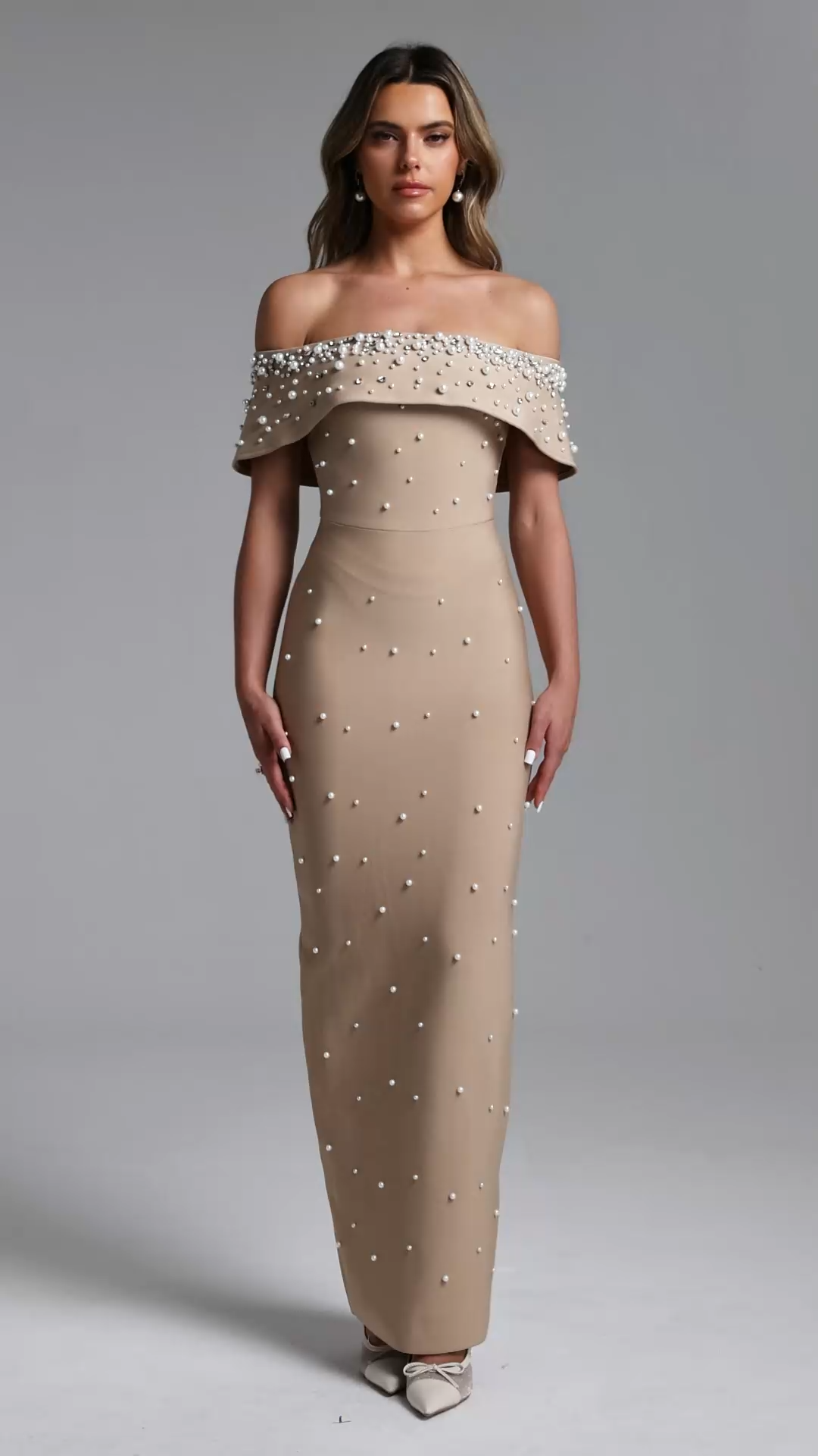 Isme Elegant Contour Off Shoulder Pearl Rhinestone Bandage Maxi Dress