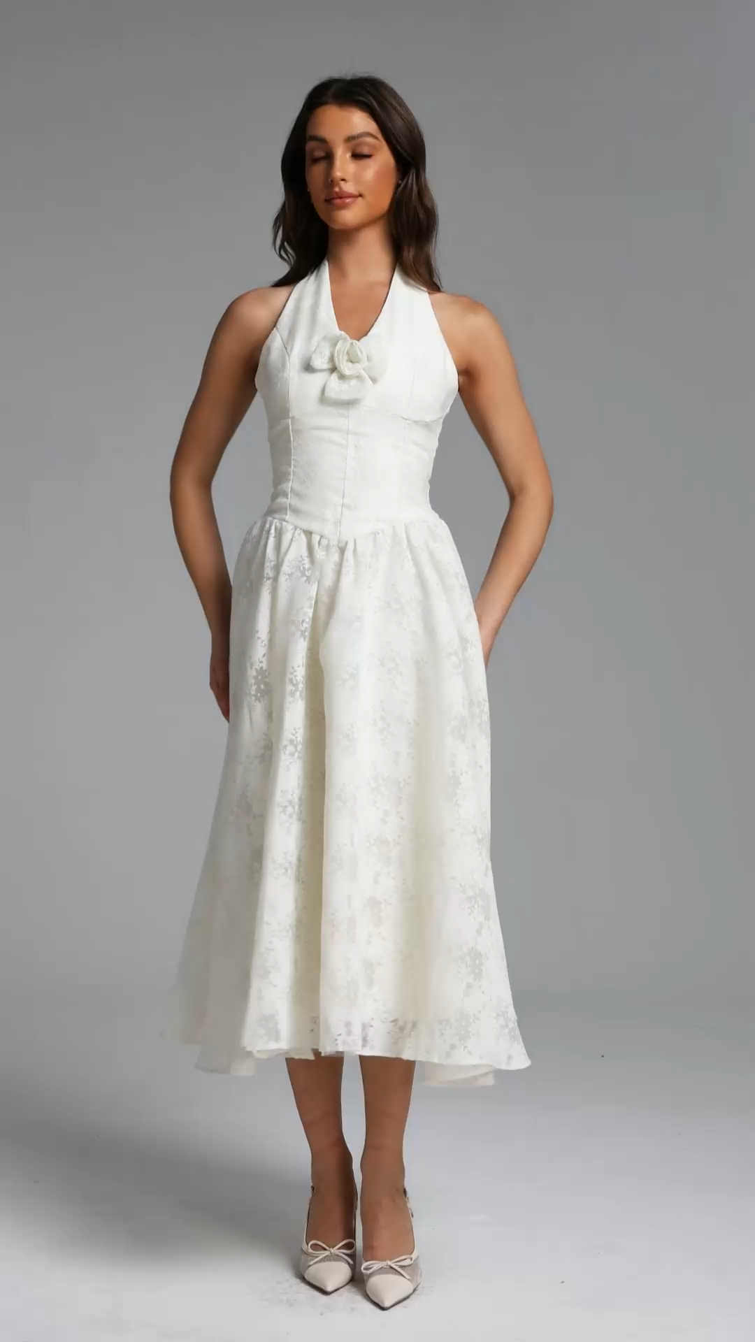 Delaney Romantic Tailored Halter Floral Jacquard White Maxi Dress