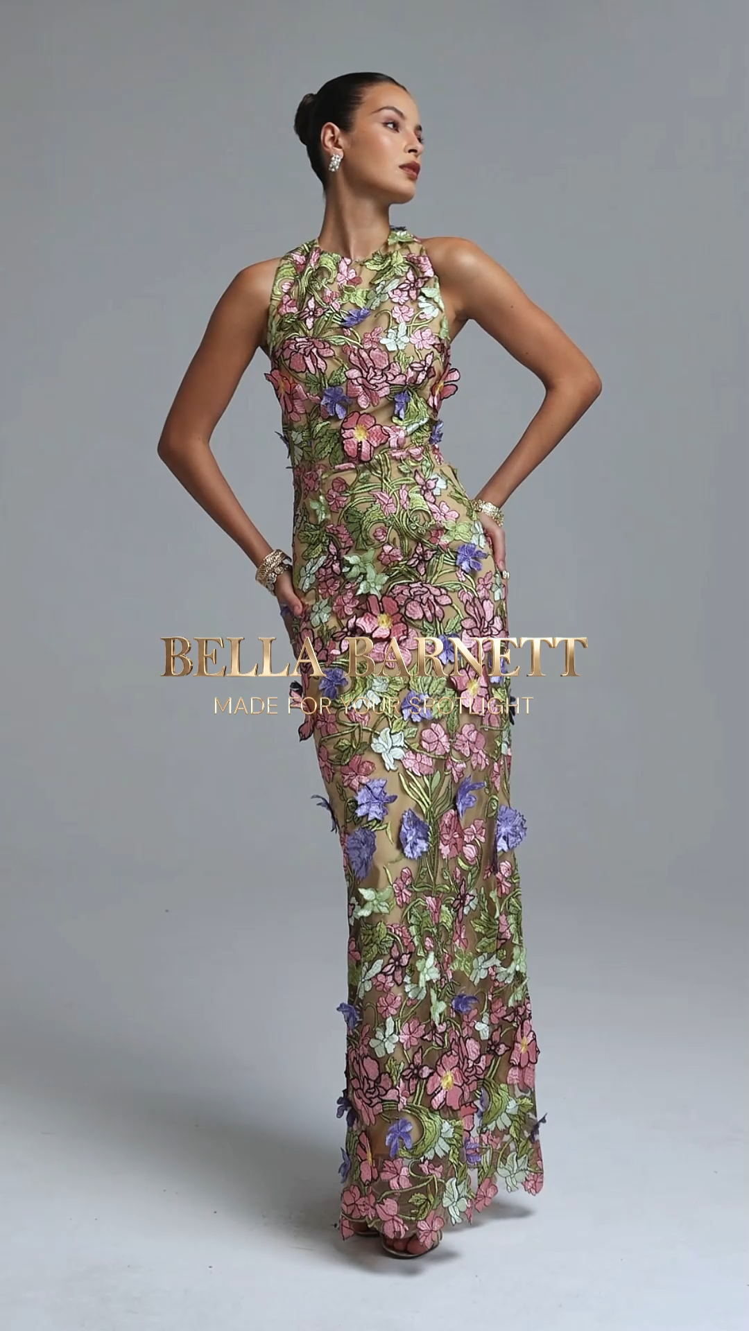 Sofia Classic Contour Turtleneck Sleeveless Floral Embroidery Maxi Dress