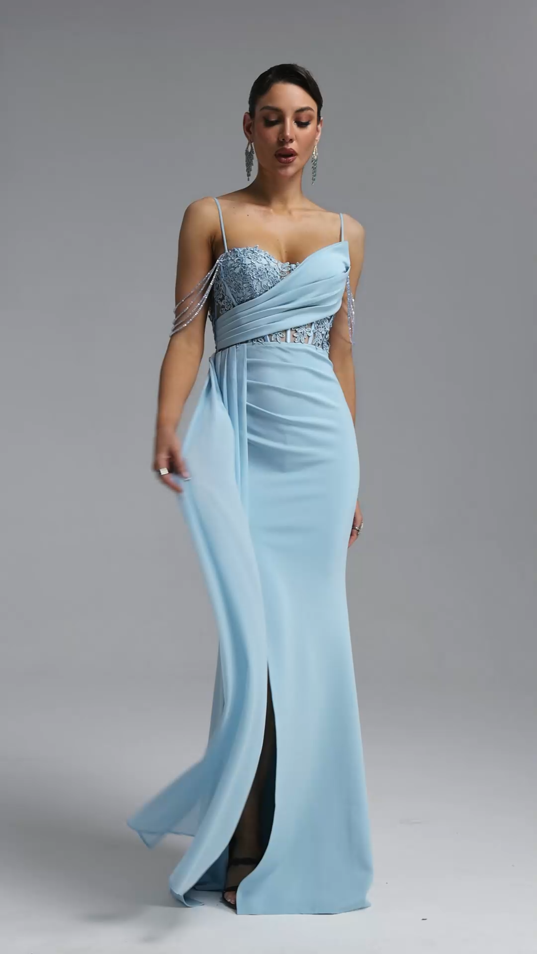 Vida Elegant Spaghetti Strap Tassel Ruched High Slit Lace Maxi Dress