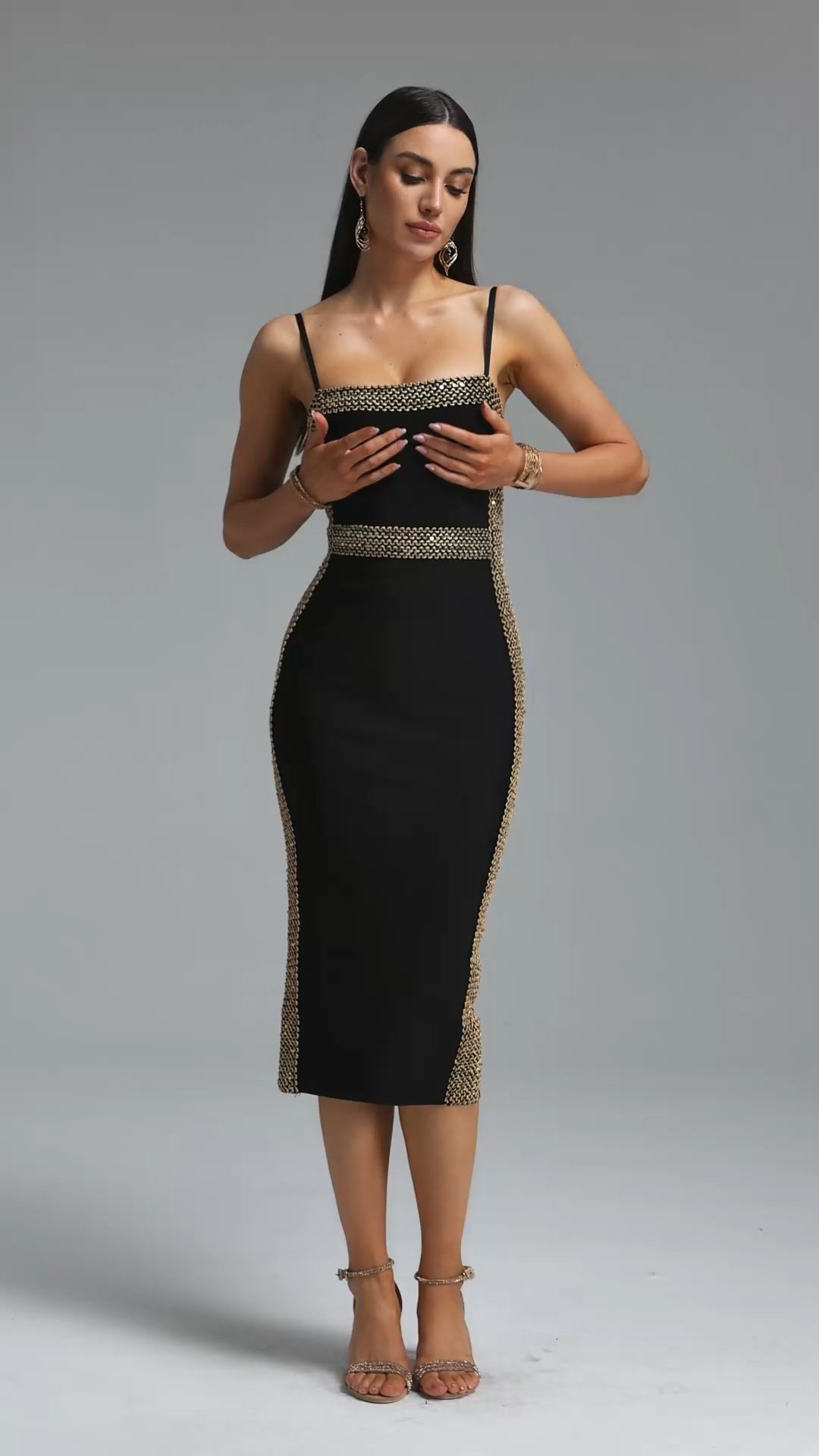 Lestie Minimalist Contour Straight Neck Gold Woven Bandage Midi Dress
