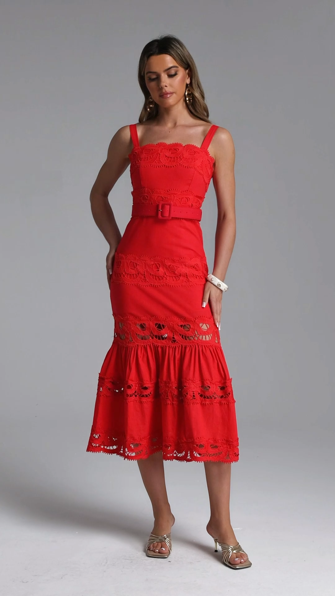 Giada Romantic Tailored Sleeveless Belted Lace Woven Red Maxi Dress