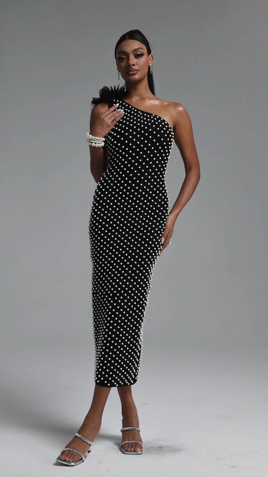 Daphne Elegant Fitted One Shoulder Pearl Floral Maxi Bandage Dress