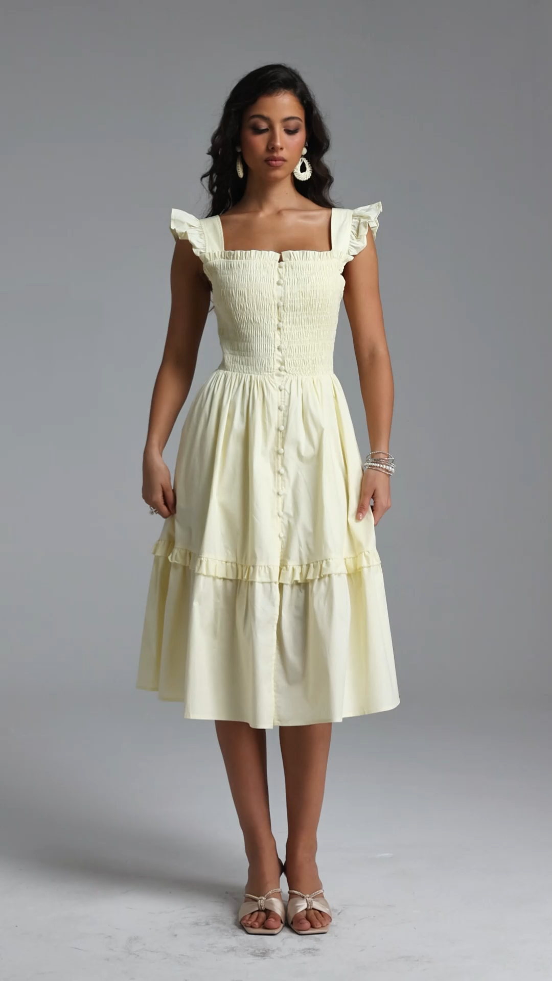 Mila Resort Flowy Sleeveless Ruffle Ruched Woven Midi Dress