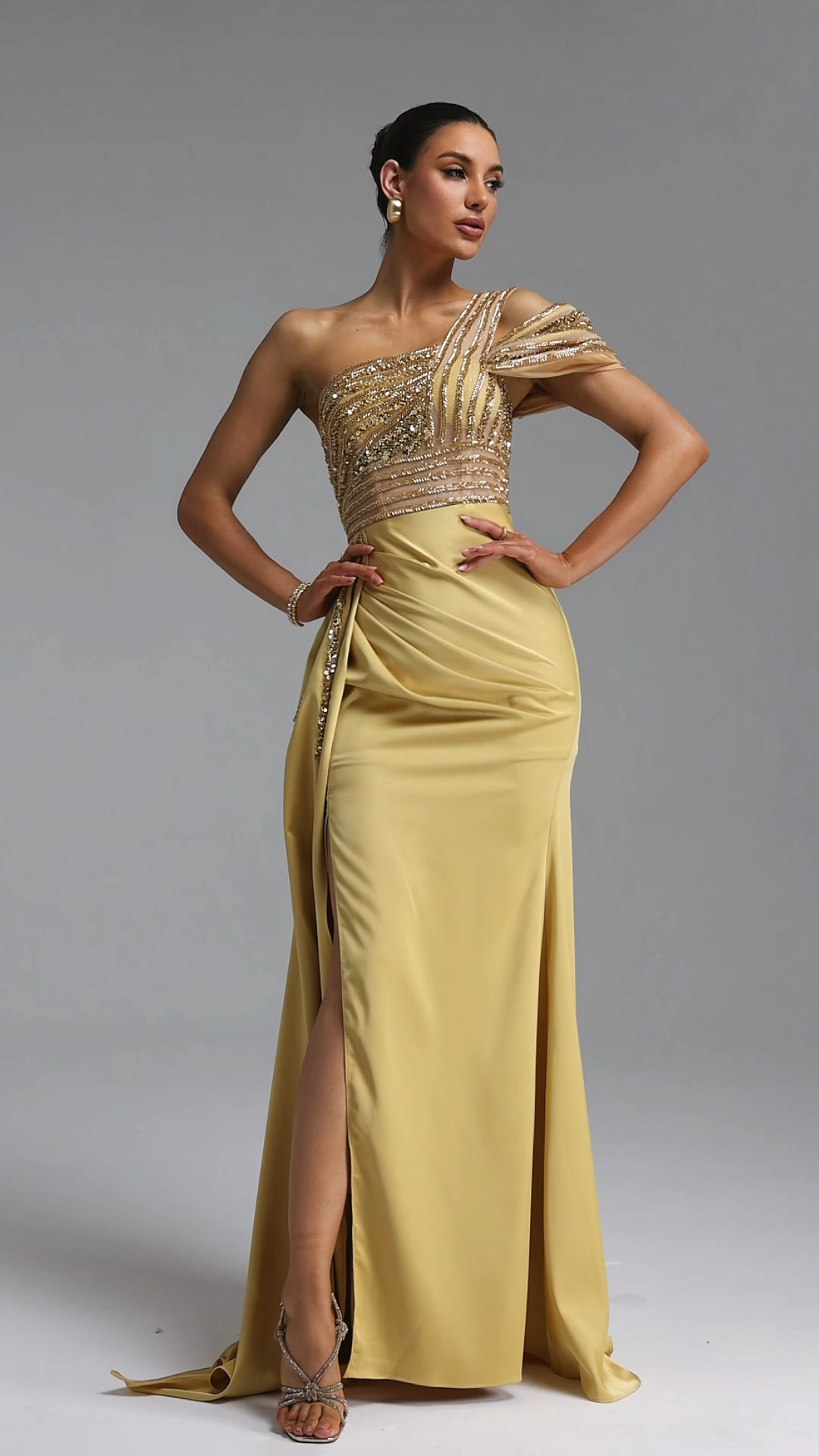 Kerin Elegant Waist-Cinching One Shoulder Beaded Rhinestone Draped Ruched Satin High Slit Mermaid Maxi Evening Dress