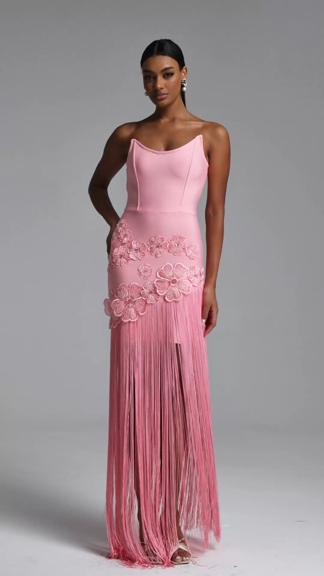 Ezgi Chic Contour Strapless Floral Fringe Bandage Maxi Dress