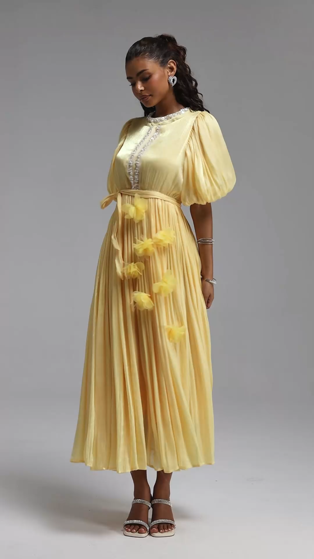 Octavia Romantic Flowy Puff Sleeve Sequin Floral Shimmer Satin Maxi Dress