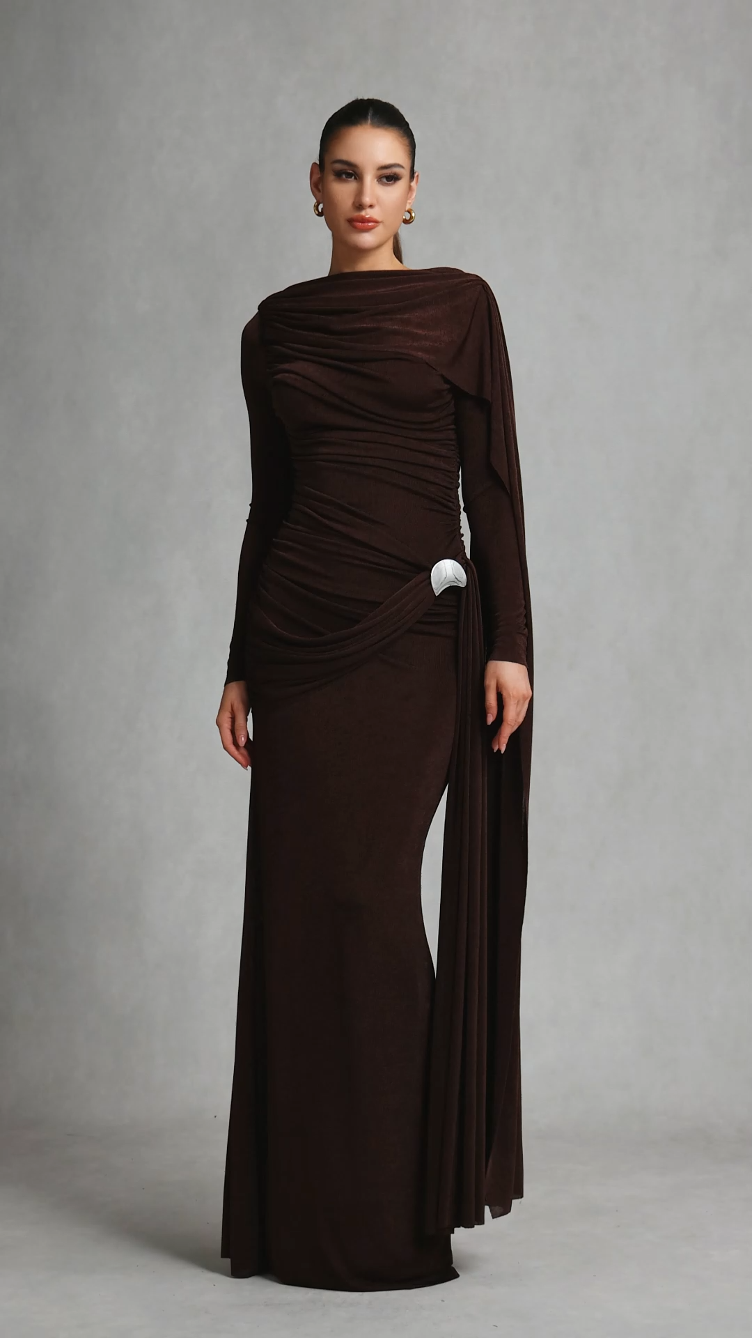 Tihila Long Sleeve Ruched Brown Maxi Dress