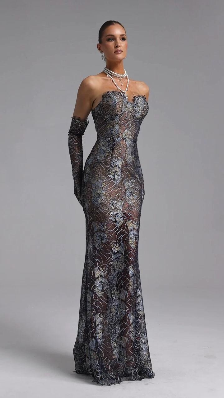 Ogaka Elegant Flowy Strapless Lace Floral Maxi Dress