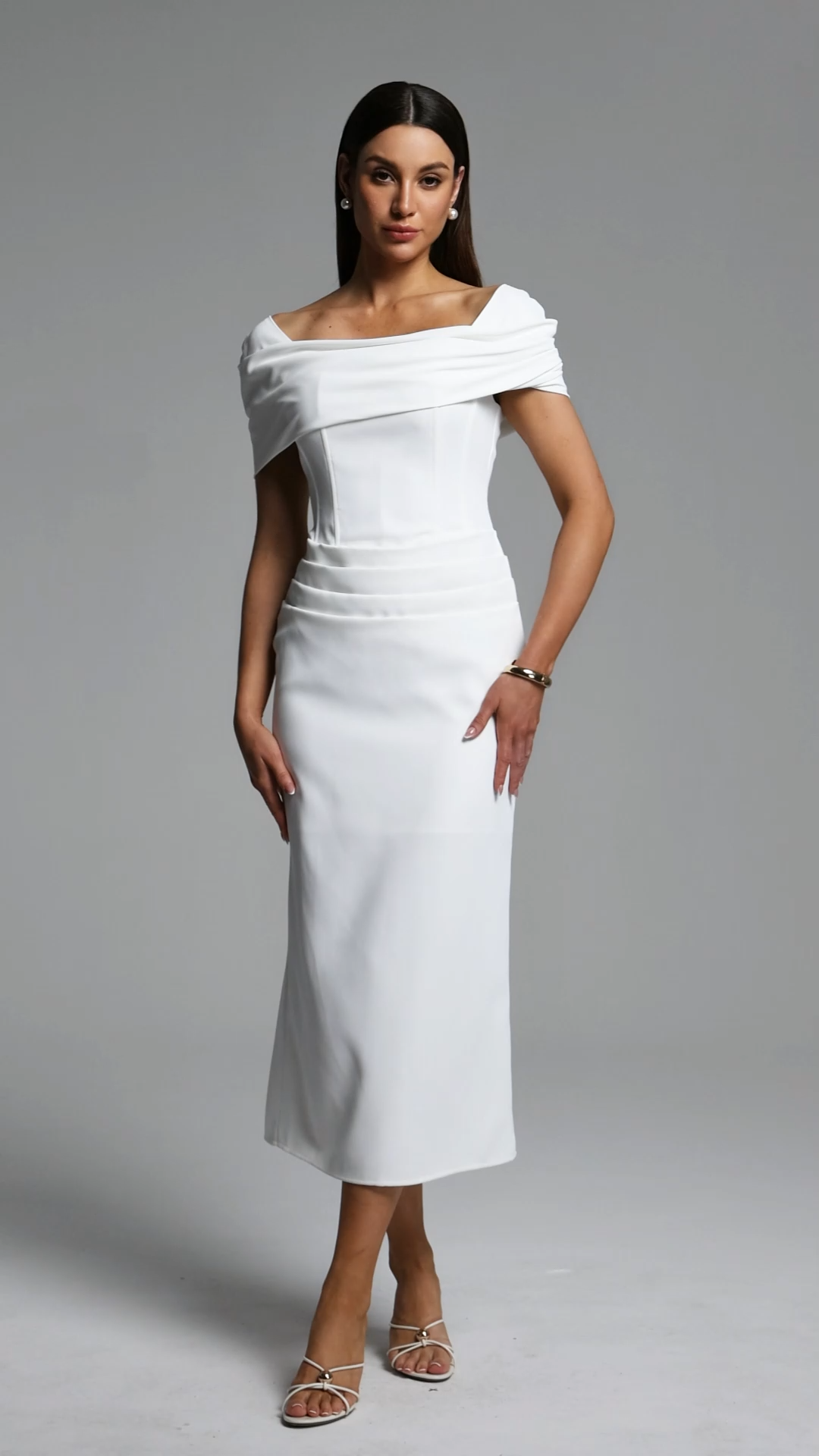 Minola Elegant Tailored Off Shoulder Pleated Woven Maxi Dress