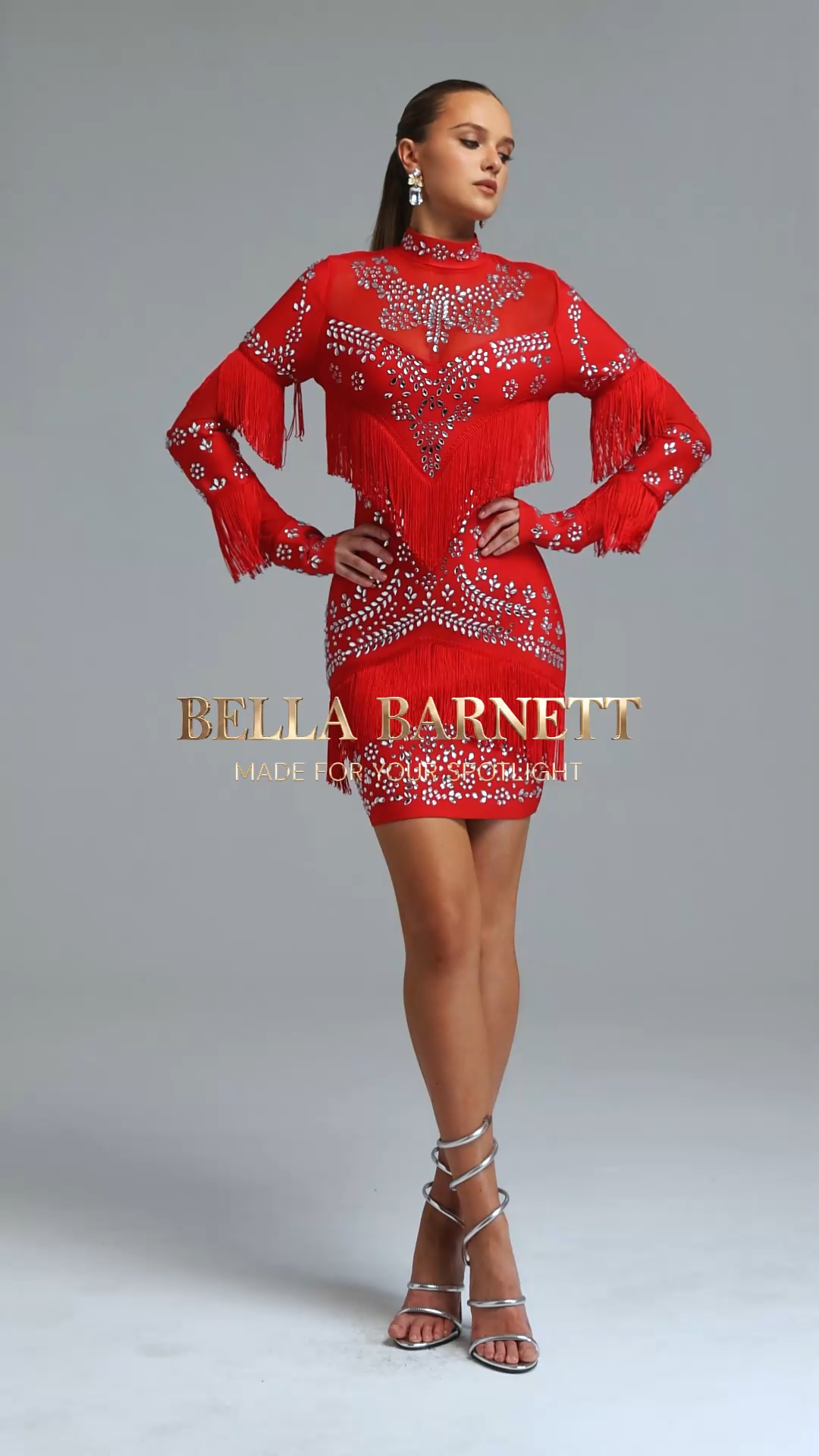 Twyla Exquisite Long Sleeve High Neck Rhinestone Tassel Mesh Spliced Bandage Mini Dress