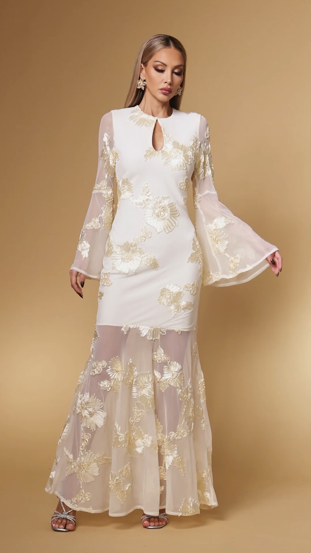 Mlisa Elegant Slimming Floral Embroidered Mesh Bandage Maxi Dress