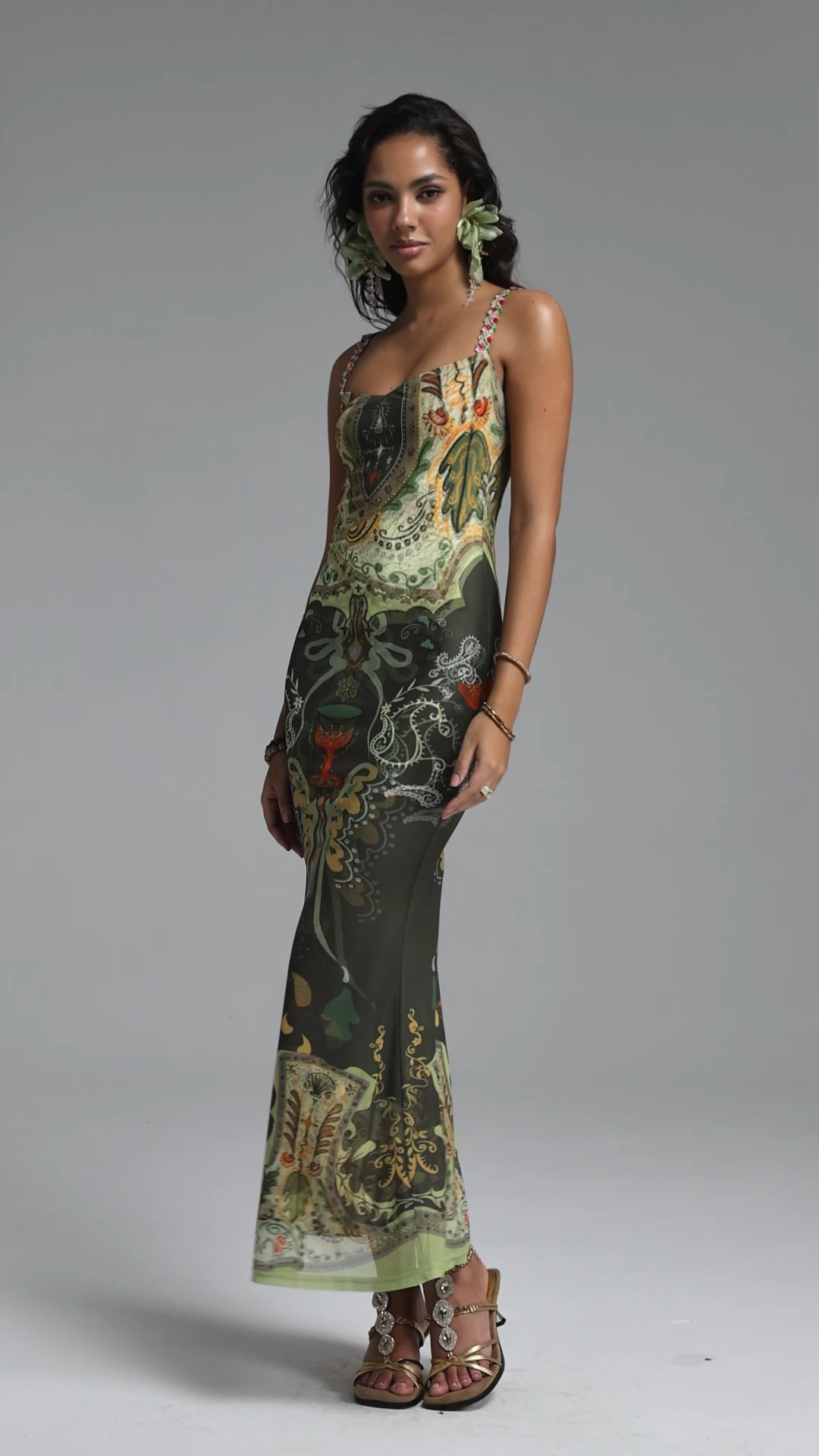 Xapana Resort Contour Sleeveless Mesh Green Maxi Dress