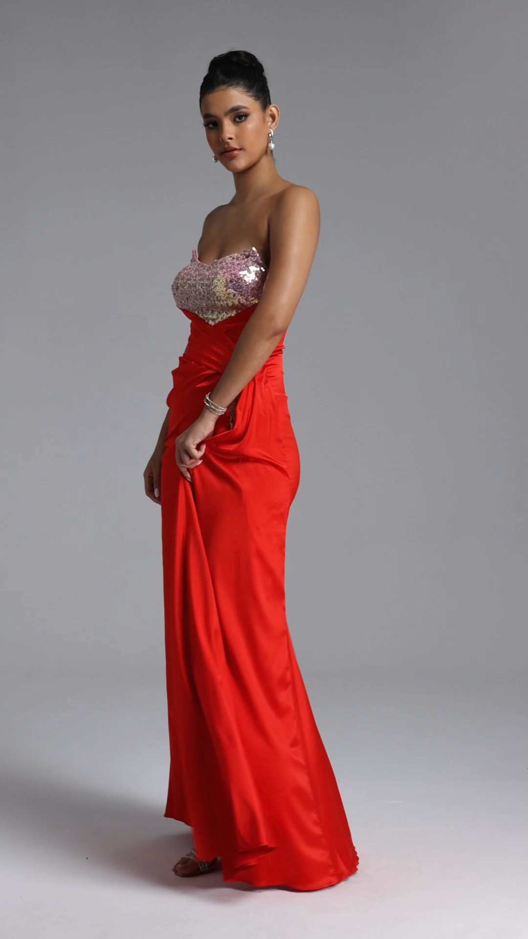 Lase Glamorous Contour Strapless Pleated Satin Maxi Dress