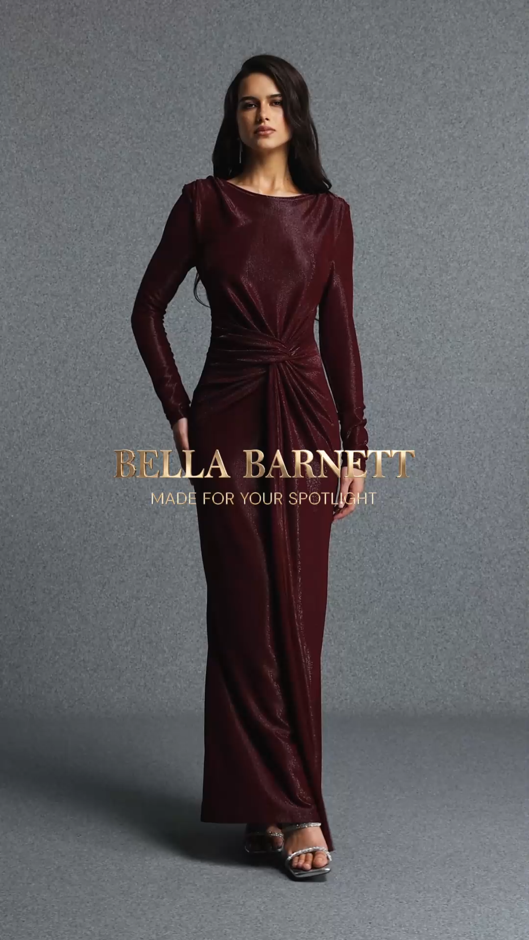 Kyli Elegant Contour Twist Long Sleeve Shimmer Burgundy Woven Maxi Dress