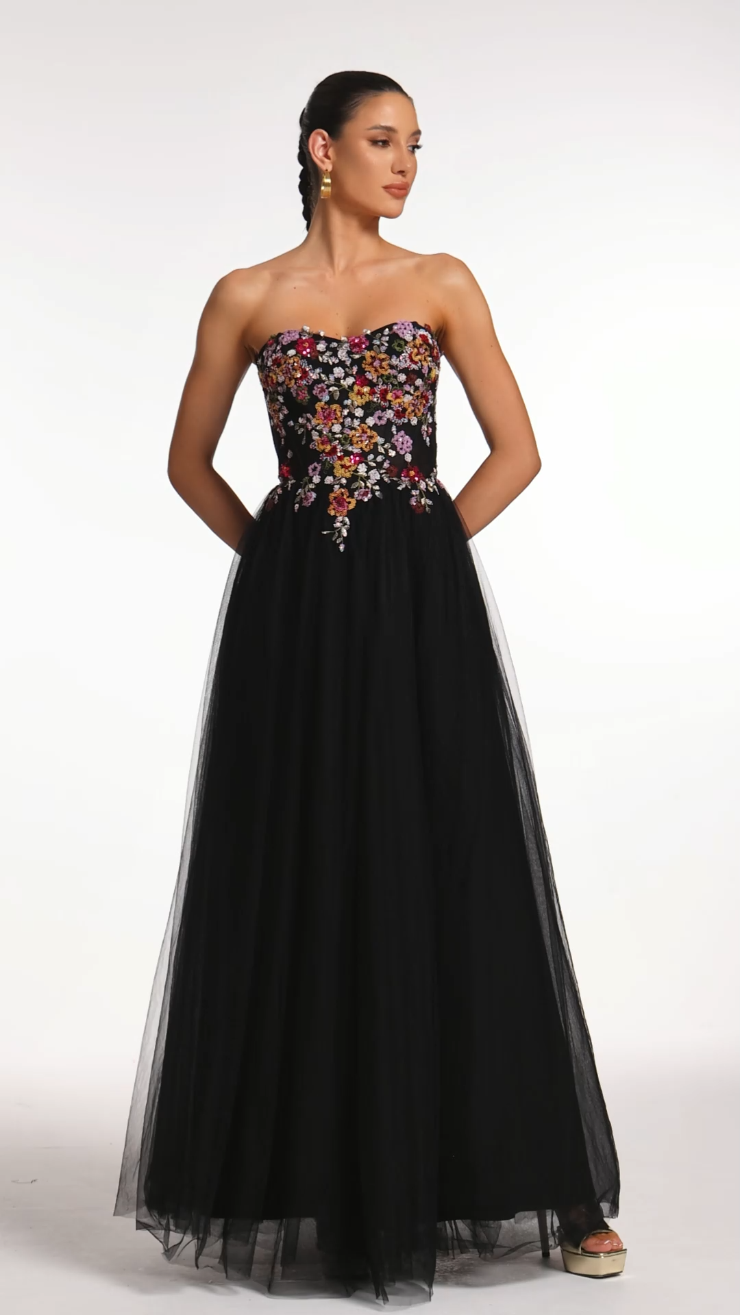 Timesha Strapless Floral Embroidered High Slit Maxi Dress