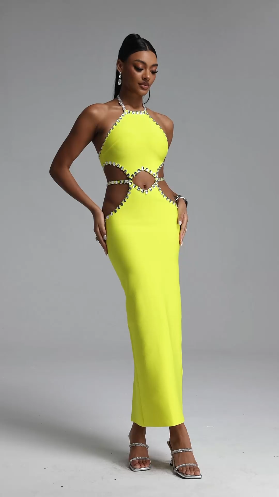 Juyce Halter Sleeveless Hollow Out Diamond Bandage Maxi Dress