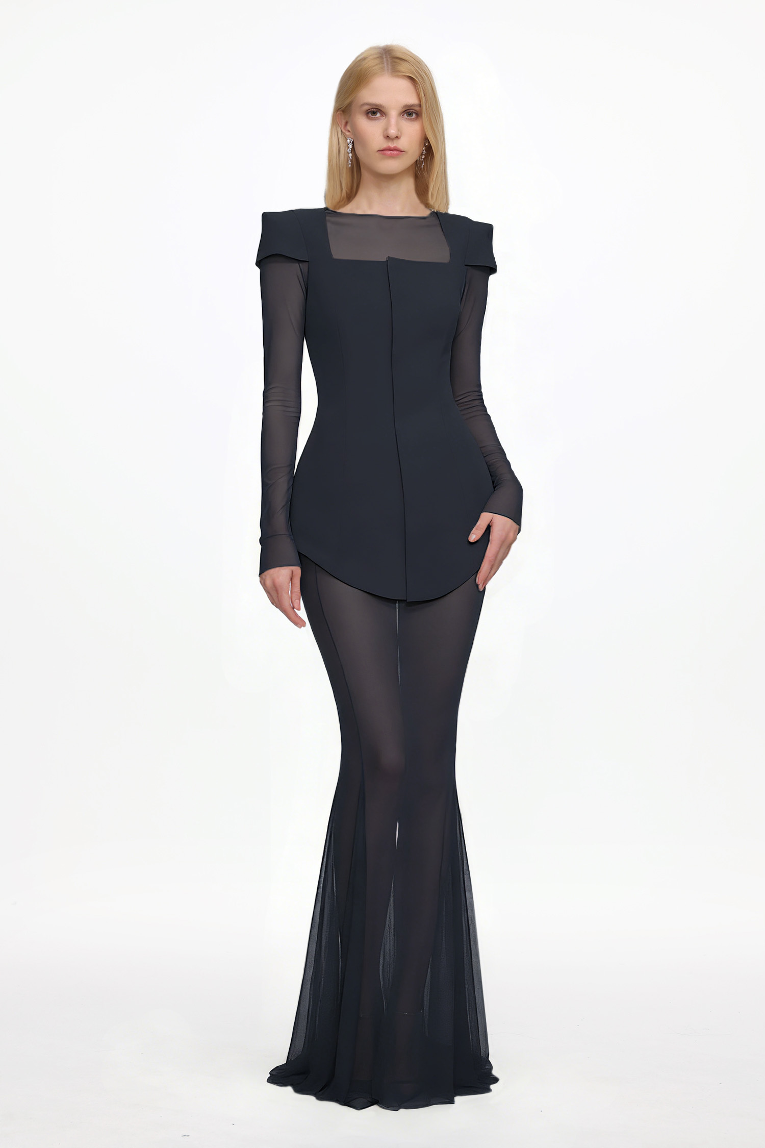 Irana Elegant Tailored Long Sleeve Black Top and Mesh Skirt Set