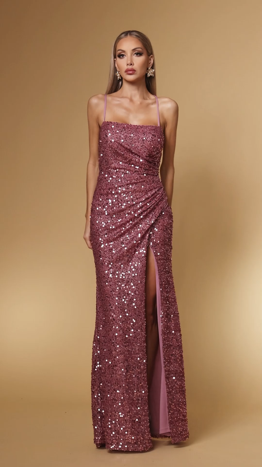 Juju Romantic Contour Ruched High Slit Sequin Maxi Dress