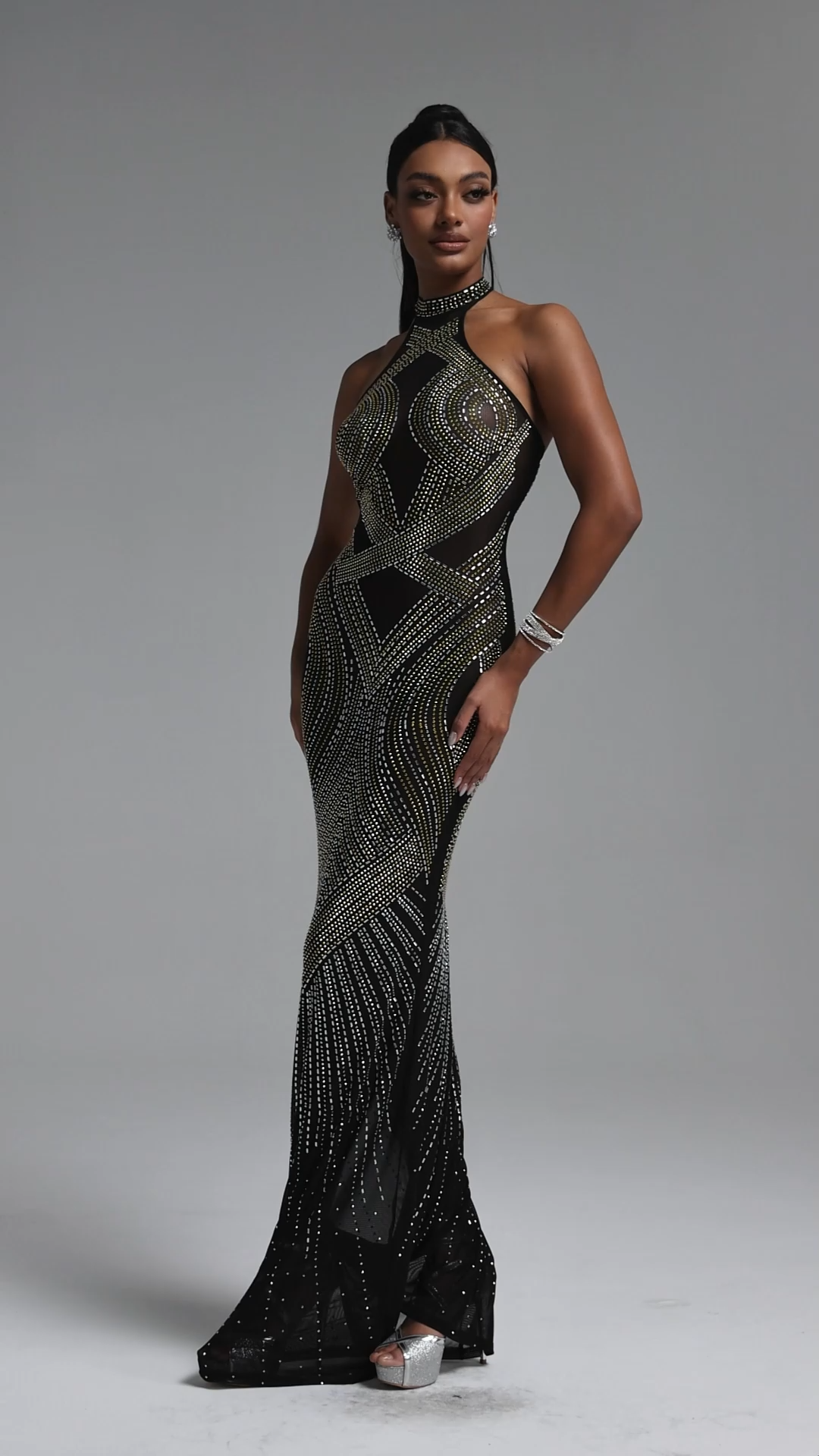 Zelda Gorgeous Halter Sleeveless Rhinestone Stretch Knit Maxi Dress