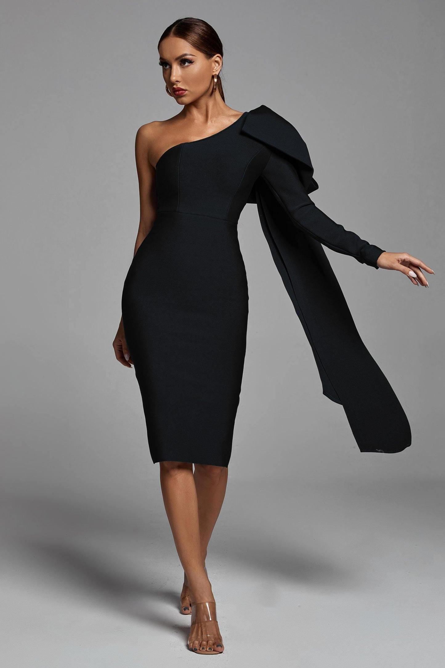 Celestia Midi Dress - Tiered One Shoulder Dress in Black | Showpo USA