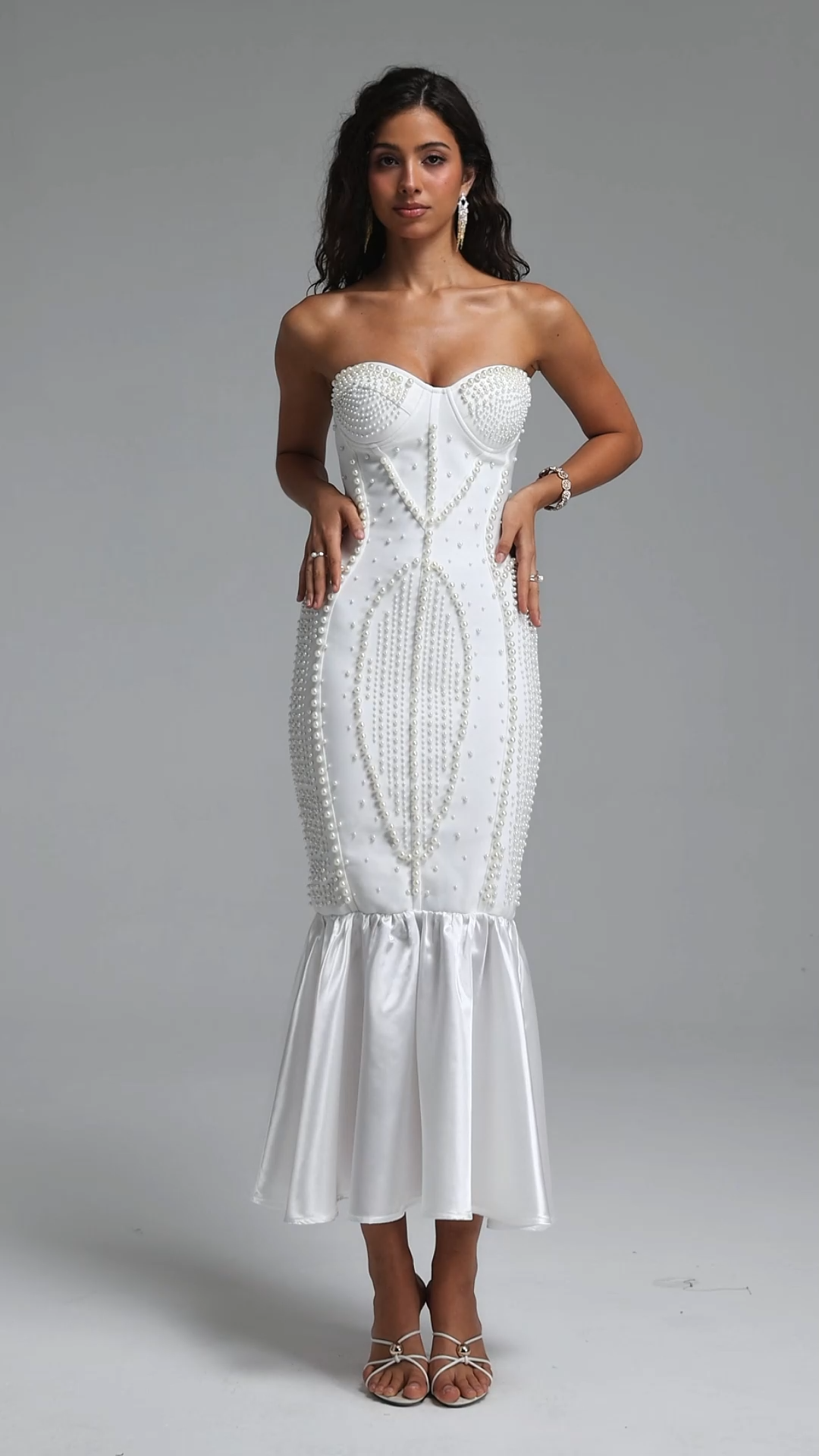 Stacy Exquisite Slim Fit Strapless Pearl Embellished Mermaid Bandage Maxi Dress