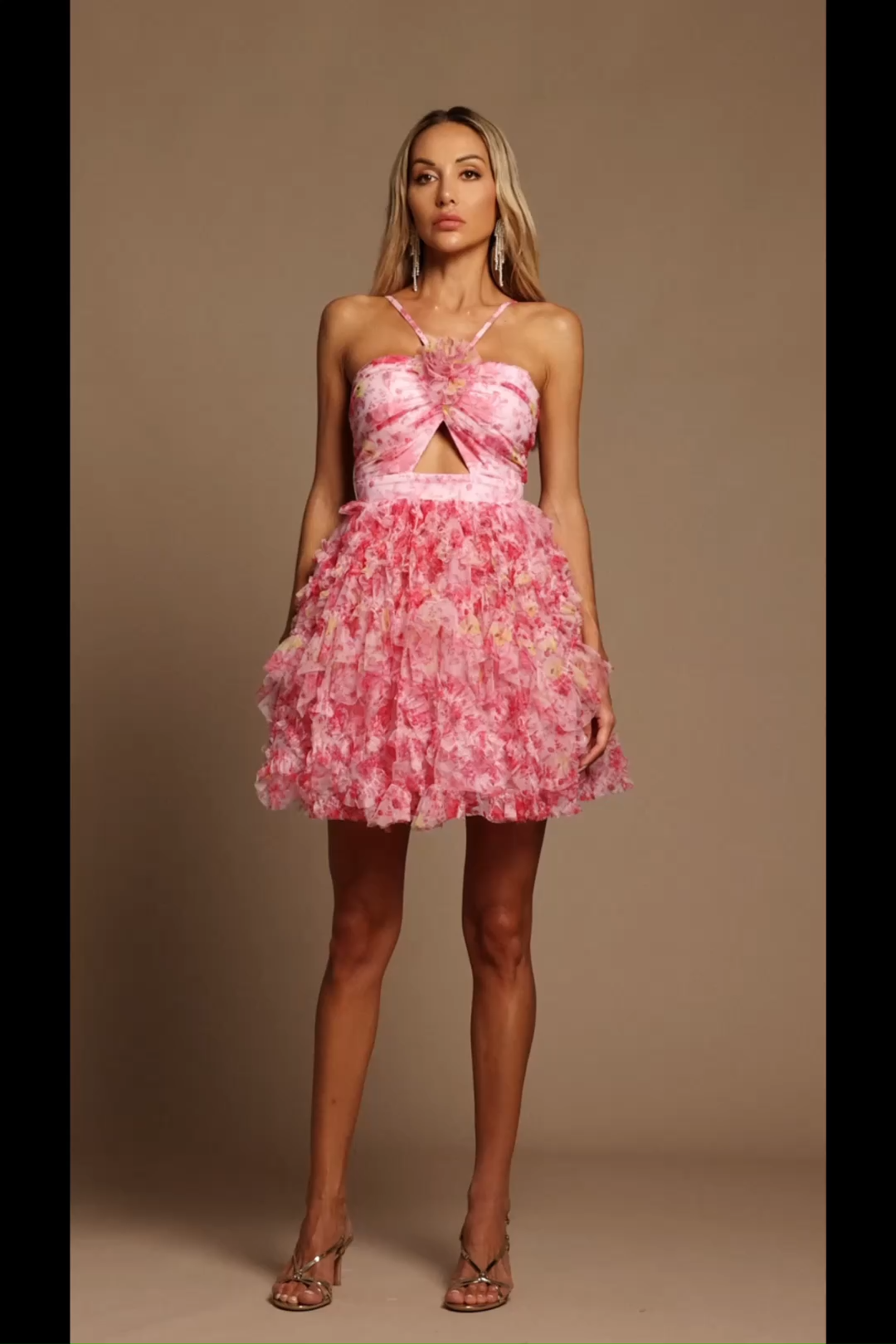 Daware Sleeveless Flower Printed Hollow Out Folds Mini Dress