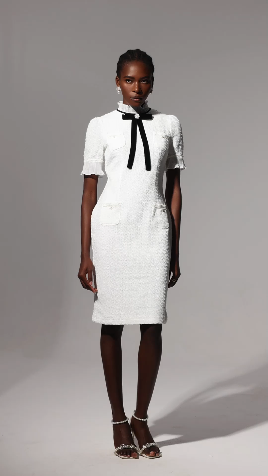 Vedasa Bowknot Pearls Button Tweed Midi Dress