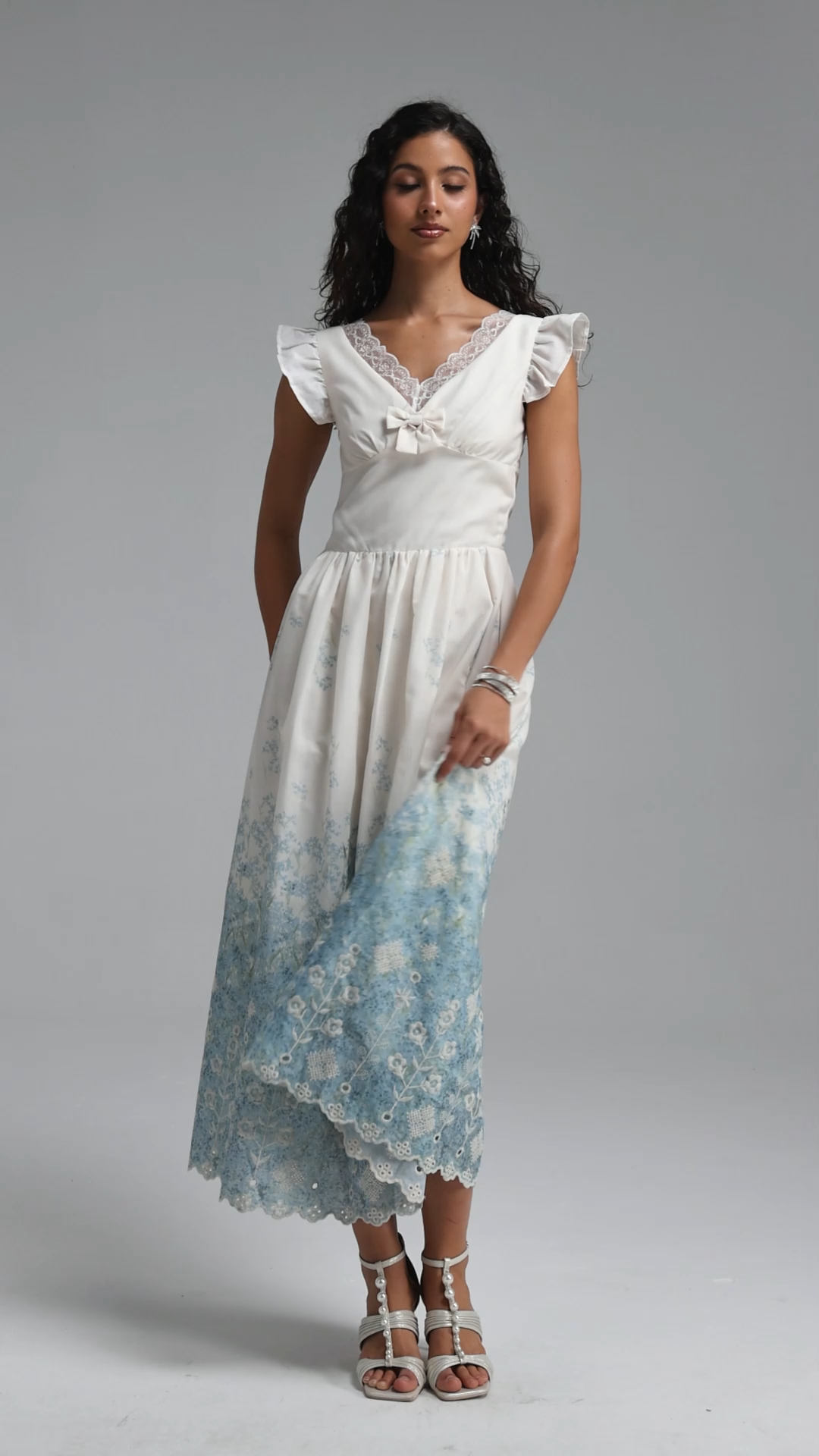 Ferlia Romantic Cinched Sleeveless Ruffle Floral Print Woven Maxi Dress