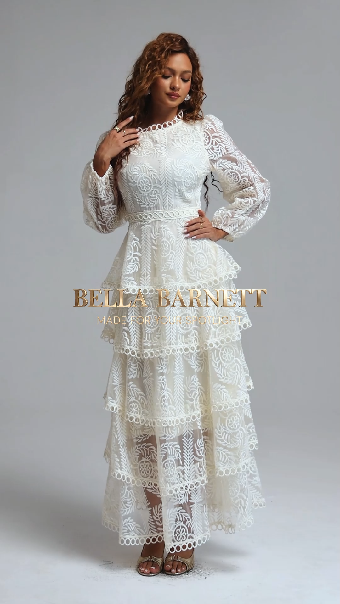Katya Romantic Flowy Round Neck Long Sleeve Lace Tiered Maxi Dress