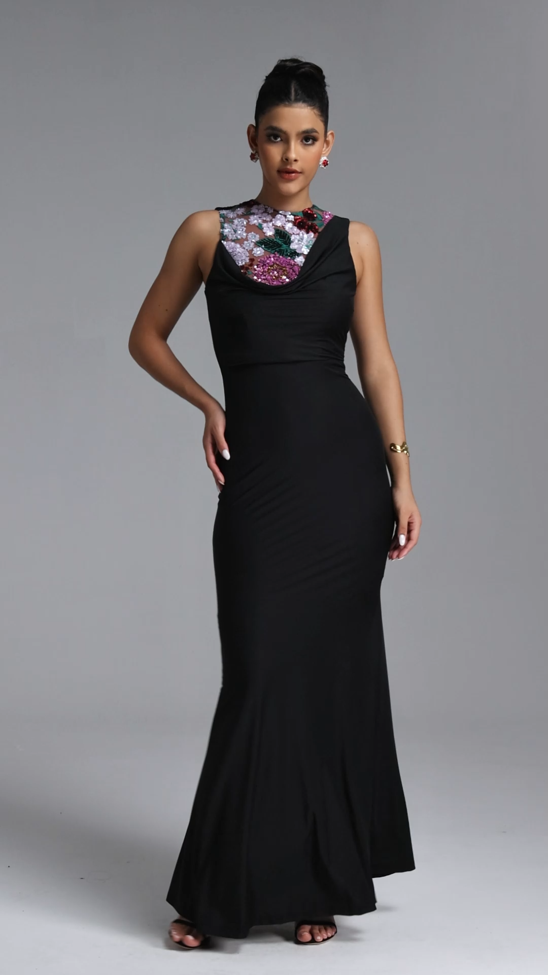 Racer Chic Contour Sleeveless Embellished Floral Sequin Maxi Dress