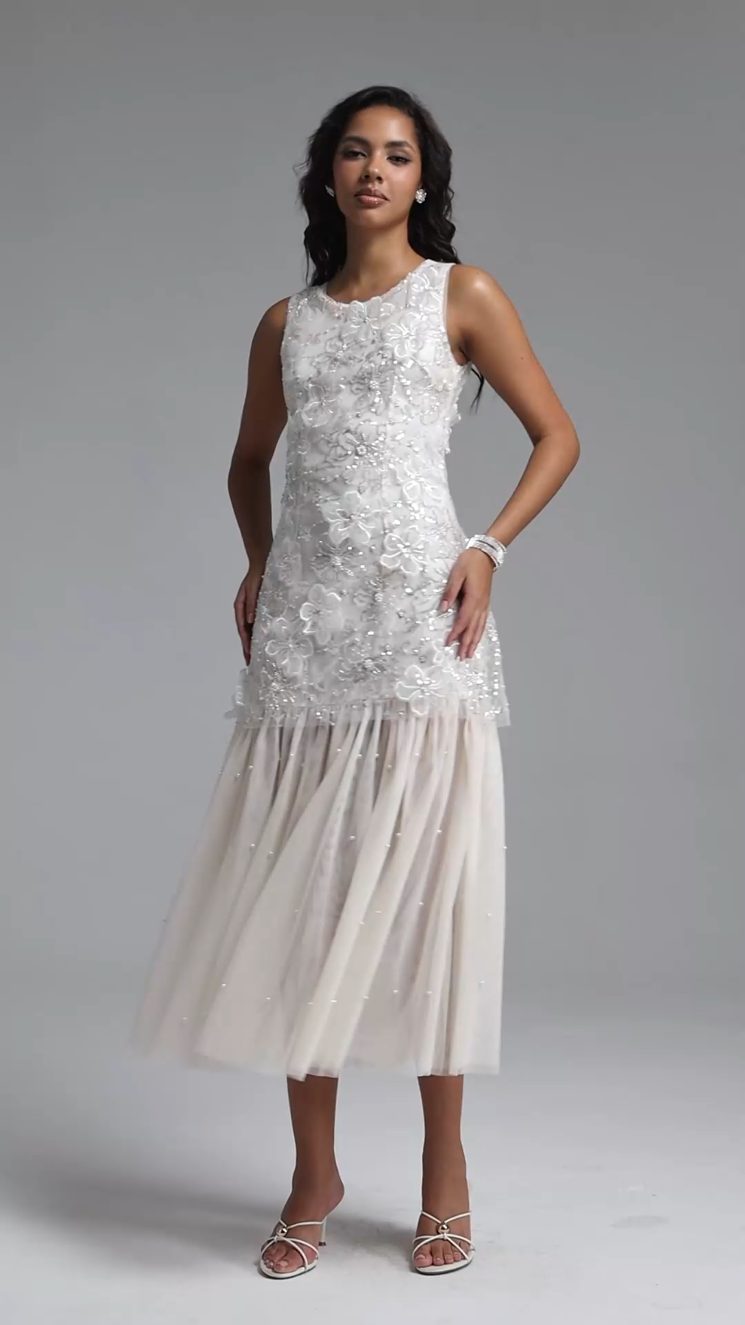 Marina Elegant Flowy Round Neck Sleeveless Sequin Floral Woven Maxi Dress