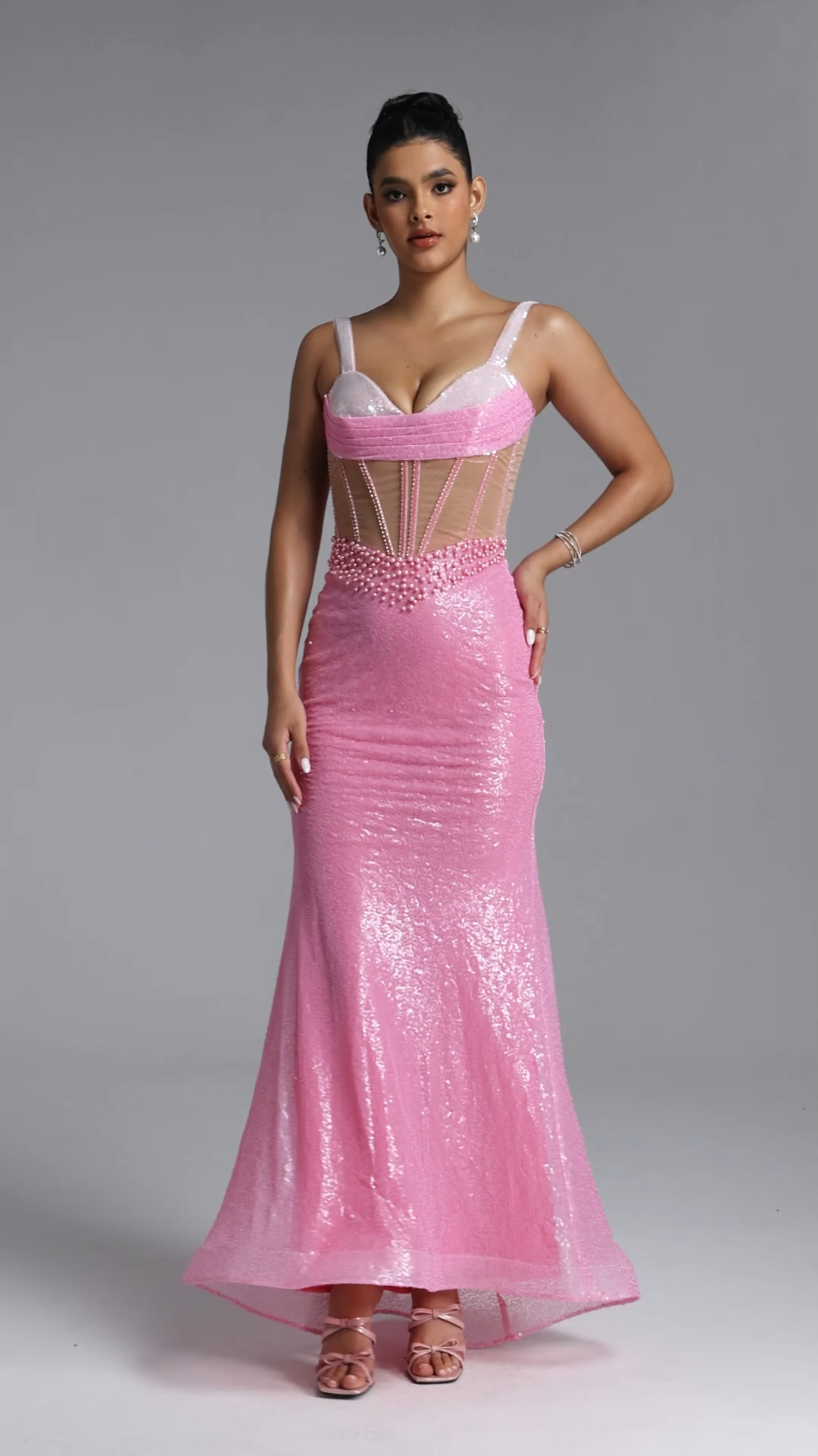 Tati Romantic Contour Cut Out Pearl Sequin Maxi Dress