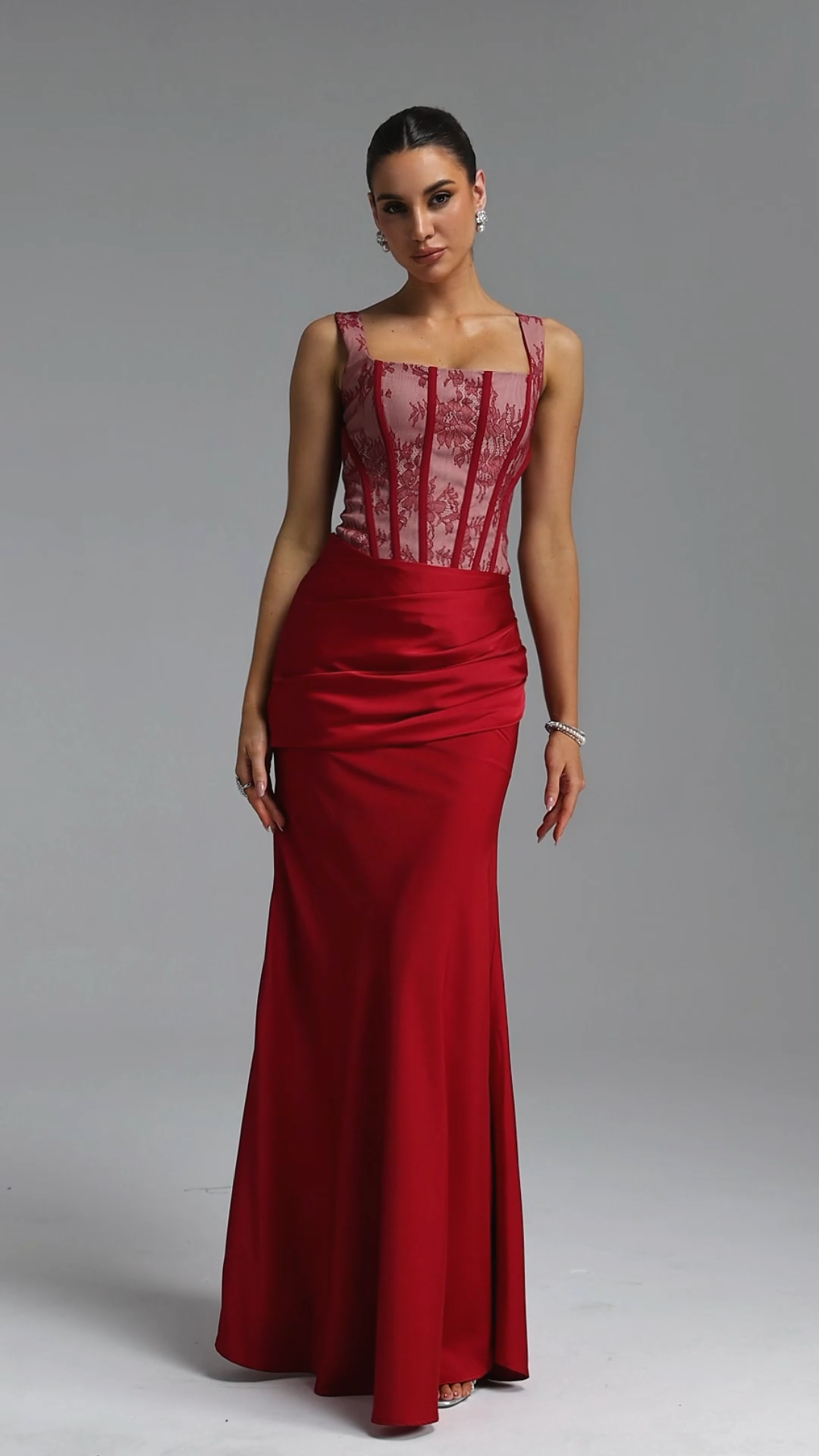 Ferina Romantic Tailored Square Neck Pleated Lace Satin Red Set Maxi Dress