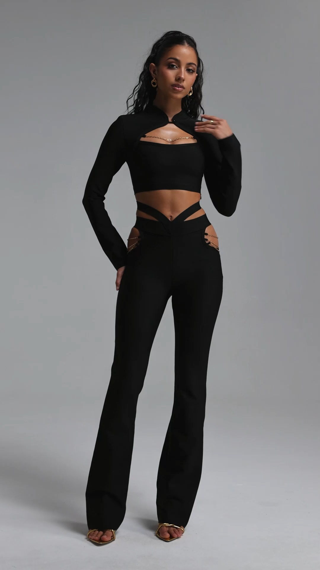 Tanria Chic Contour Long Sleeve Cut Out Top Metal Chain Flare Pant Two Piece Set