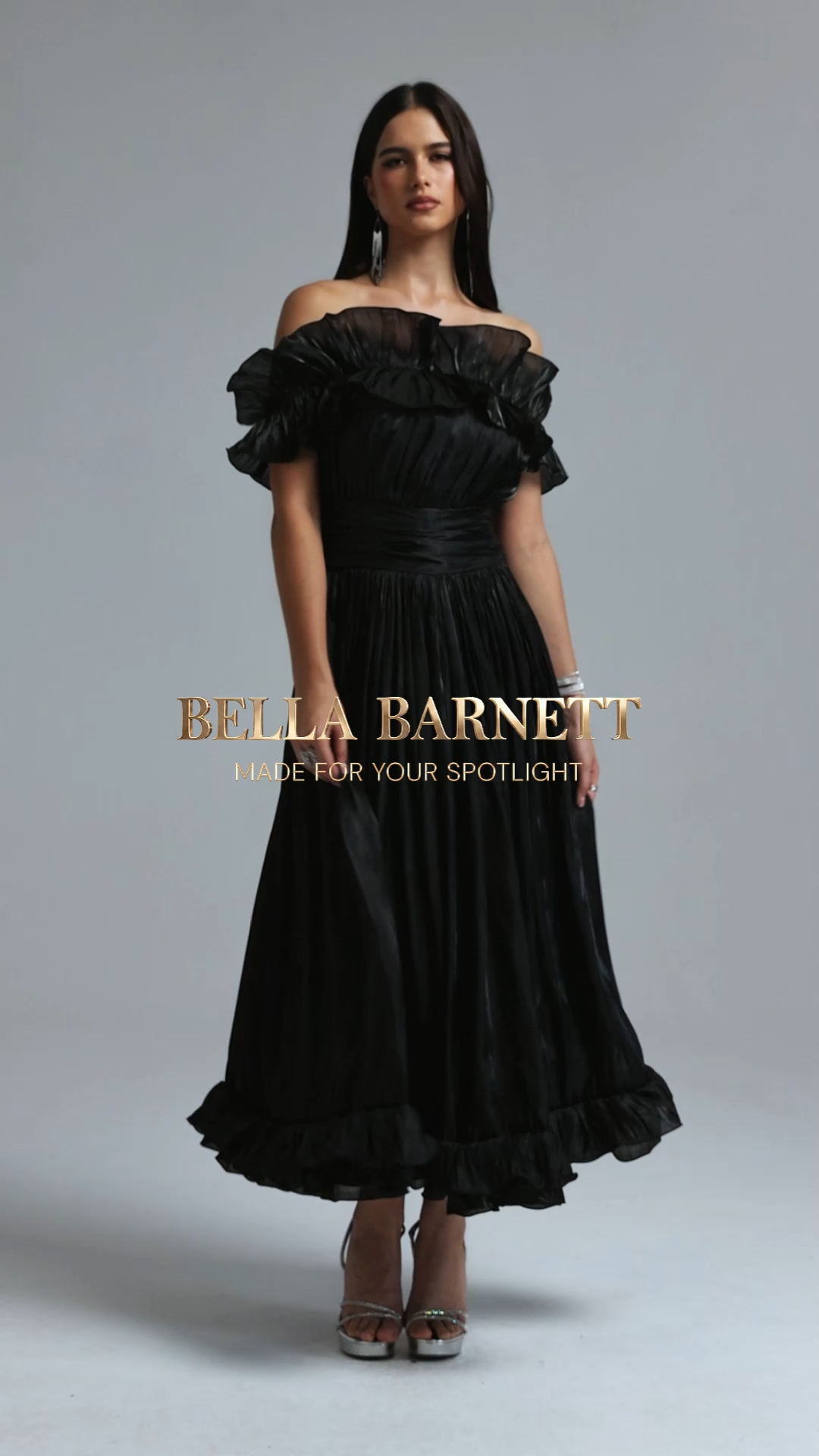 Suku Elegant Flowy Off Shoulder Ruched Black Maxi Dress