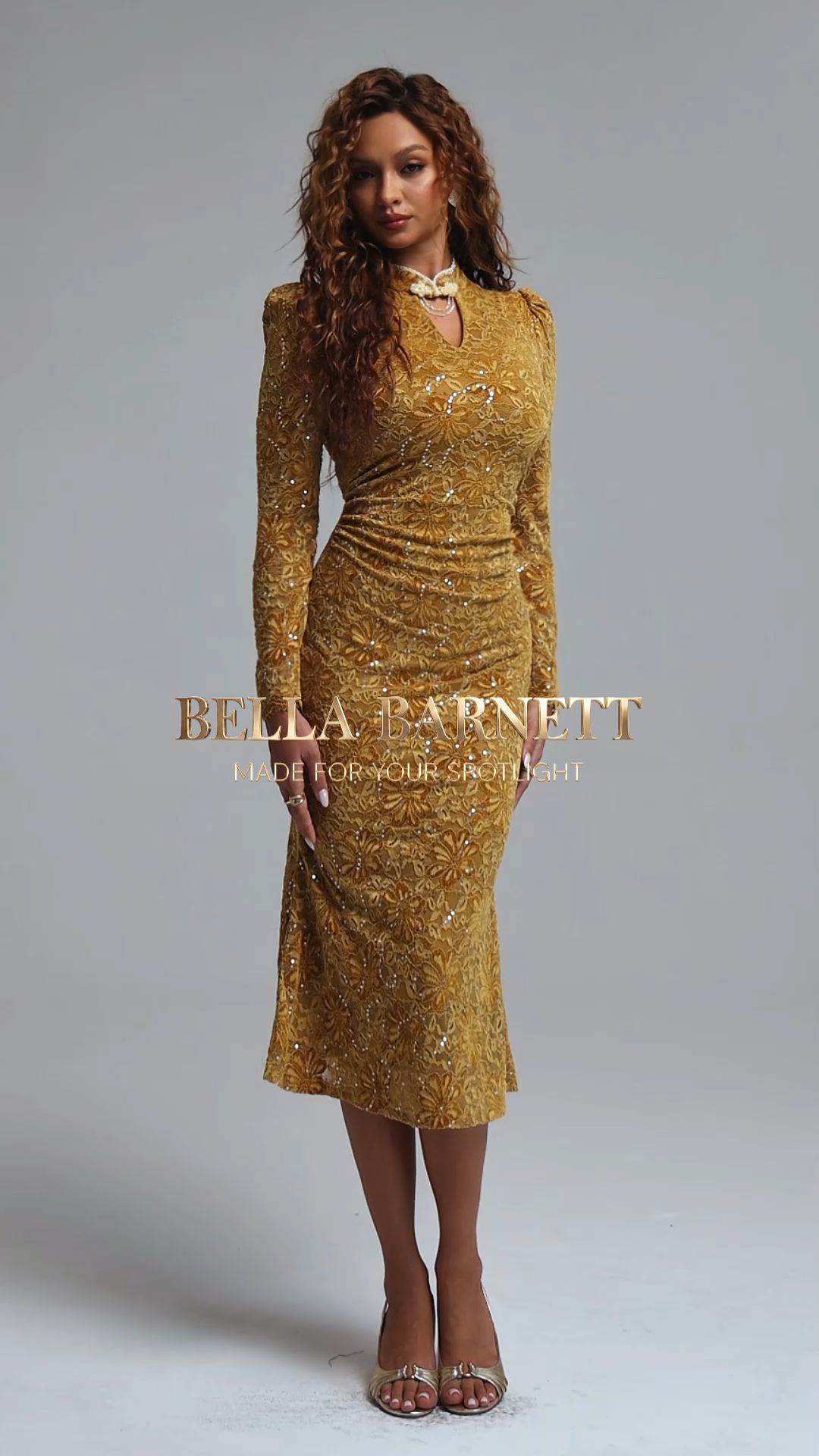 Reminisce Elegant Contour Stand Collar Long Sleeve Sequin Floral Lace Midi Dress