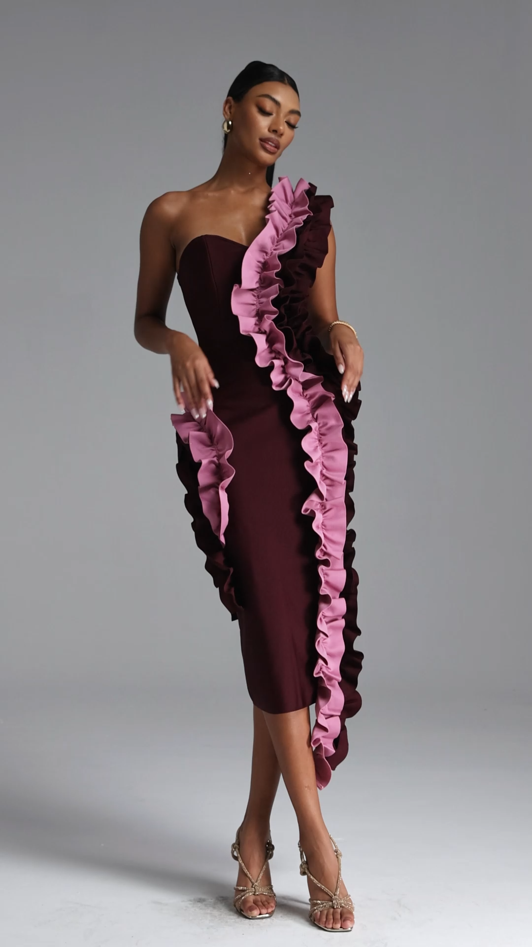 Gaia Chic Contour Strapless Ruffle Bandage Maxi Dress