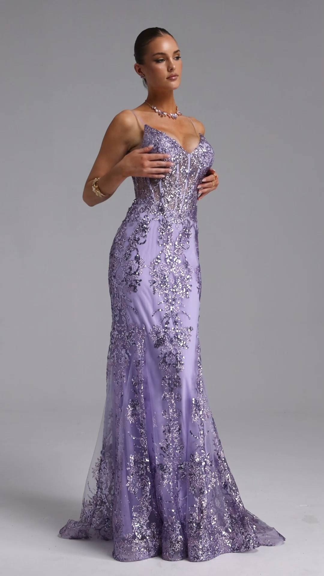 Miriam Elegant Contour V Neck Sequin Purple Maxi Dress