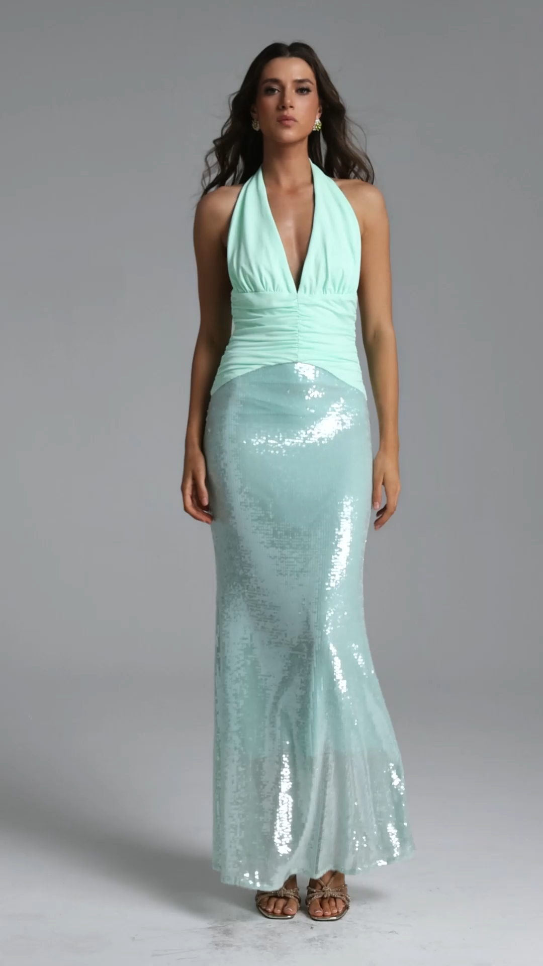 Zohara Chic Contour Halter V Neck Ruched Sequin Maxi Dress