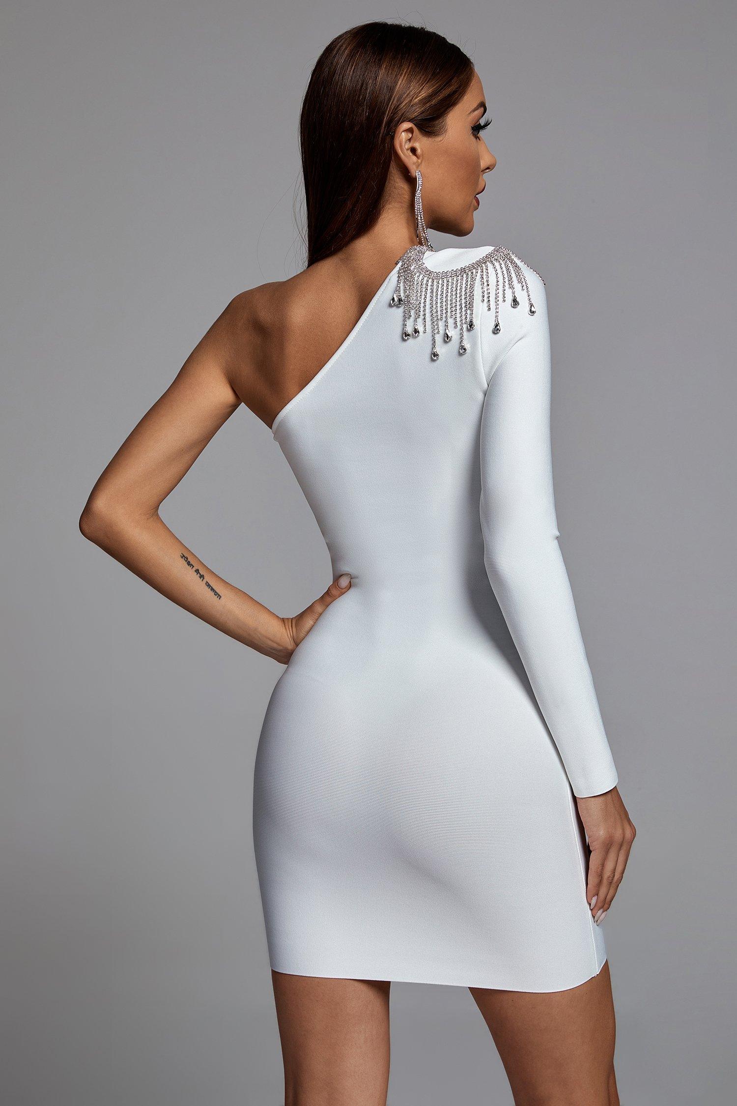 Vanera One Shoulder Rhinestone Bandage Dress - White - Bellabarnett