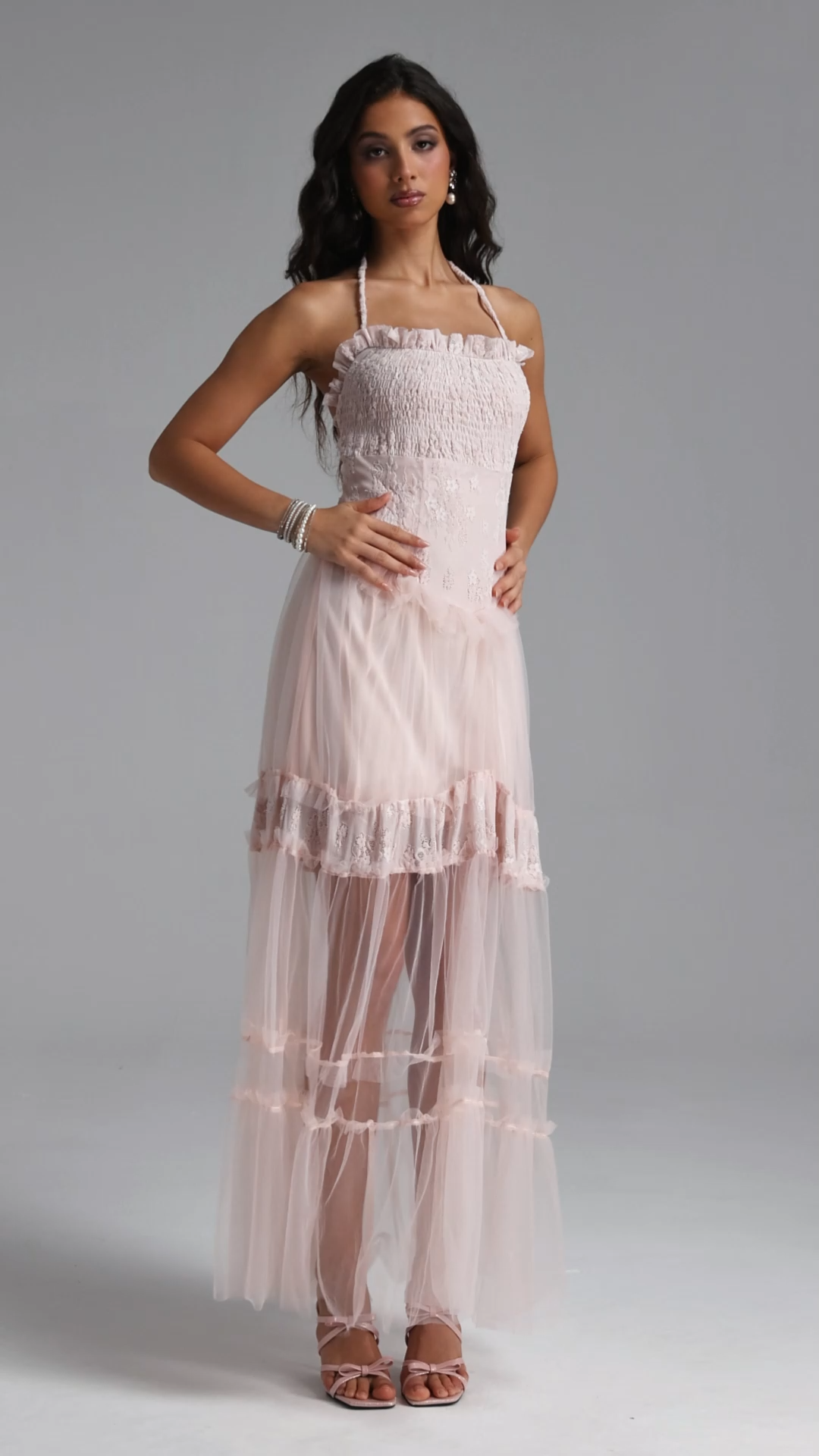 Ornella Resort Flowy Sleeveless Ruffle Tulle Maxi Dress