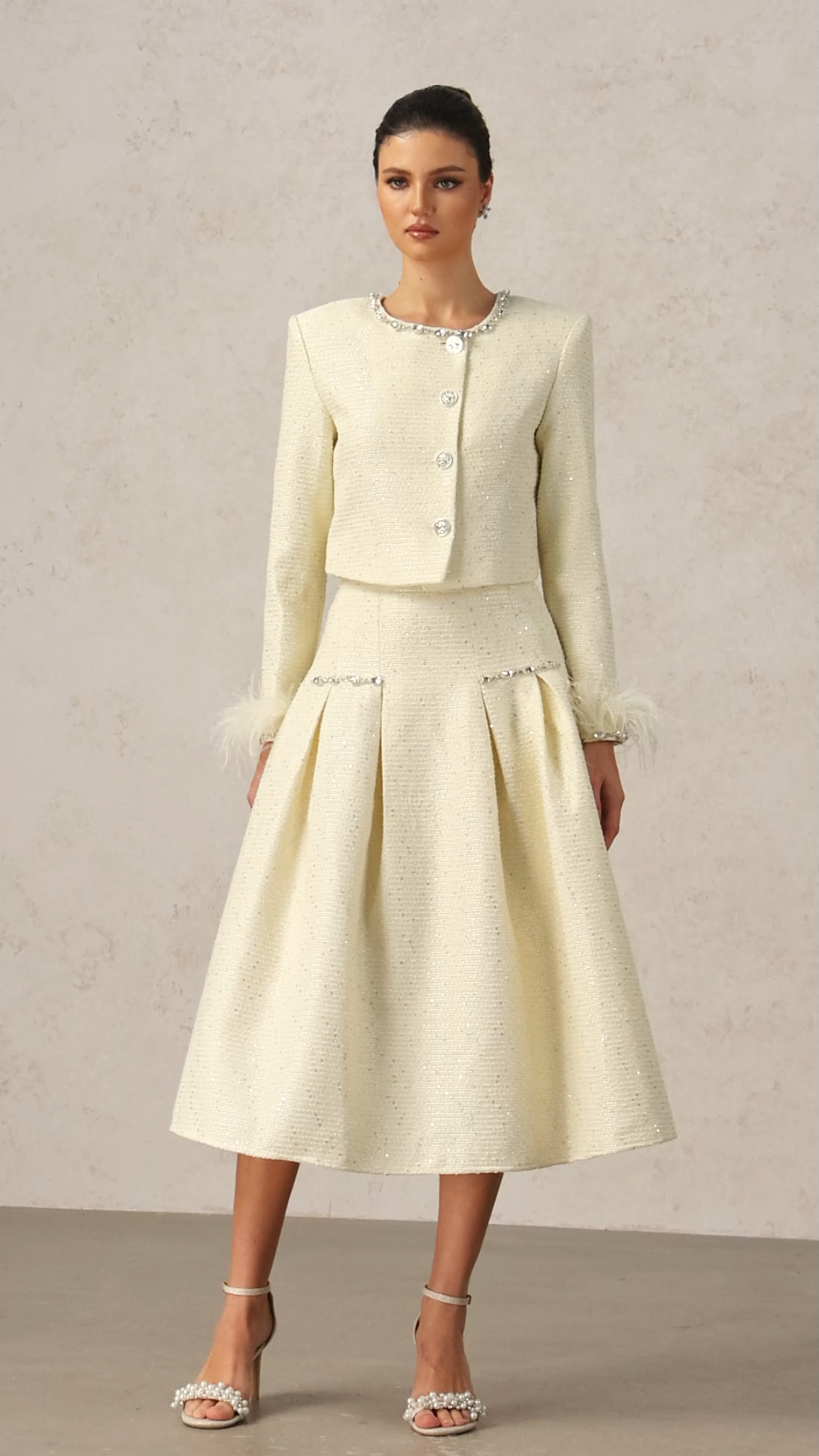 Werko Round Neck Long Sleeves Diamond Artificial Feather Top And Skirt Two-Piece Set