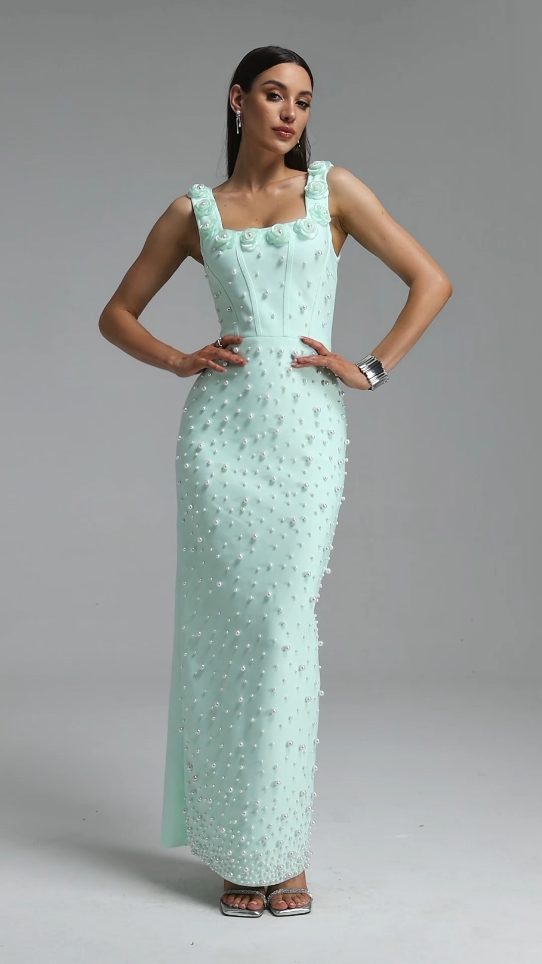 Shea Elegant Contour Square Neck Floral Pearl Bandage Green Maxi Dress