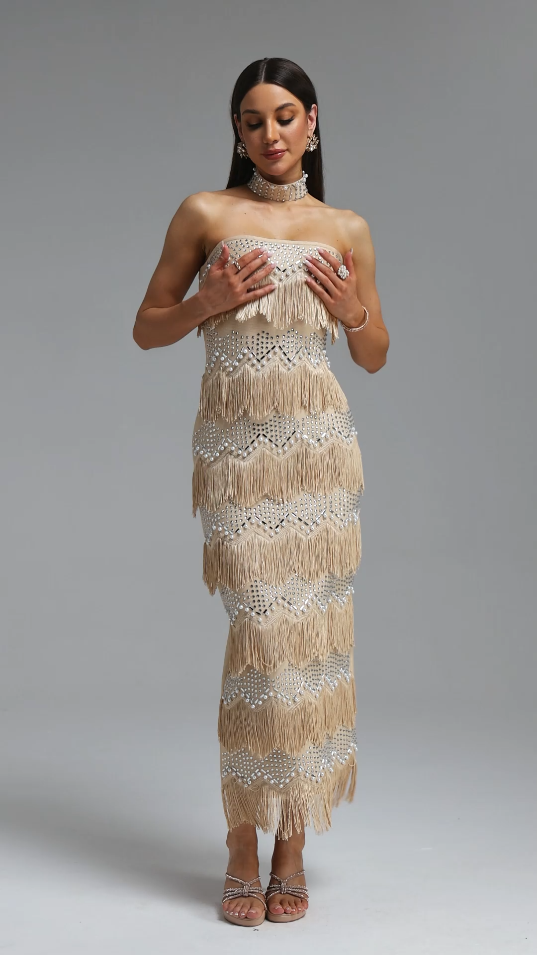 Pelze Glamorous Contour Strapless Tassel Rhinestone Bandage Maxi Dress