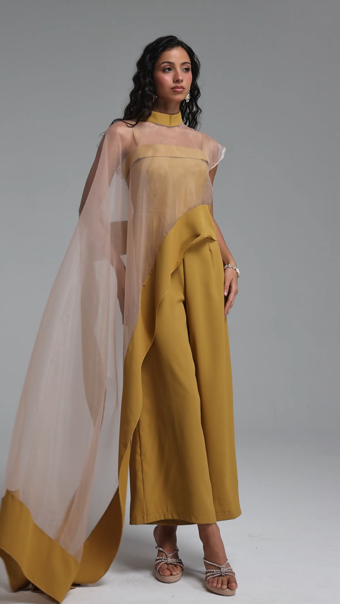 Linda Elegant Cinched-Waist Asymmetric Sheer Organza Wide Leg Jumpsuit